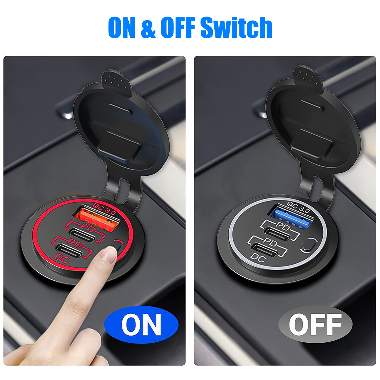 USB C Outlet Charger - Two 20W USB-C PD and 18W QC3.0 Socket Waterproof Power Outlet 12V/24V with Power Switch for Car Boat Bus Truck RV Motorcycle
