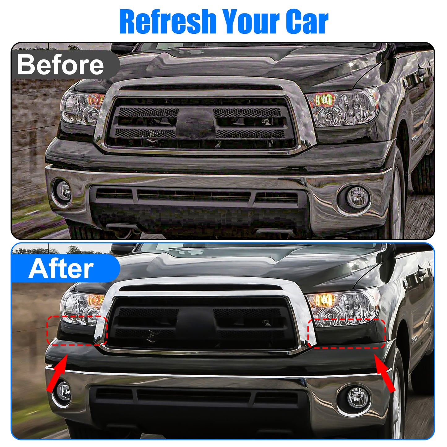 1 Pair Front Bumper Grille Headlight Filler Trim Panels - for Toyota Tundra (2007-2013) / Sequoia (2008-2013)