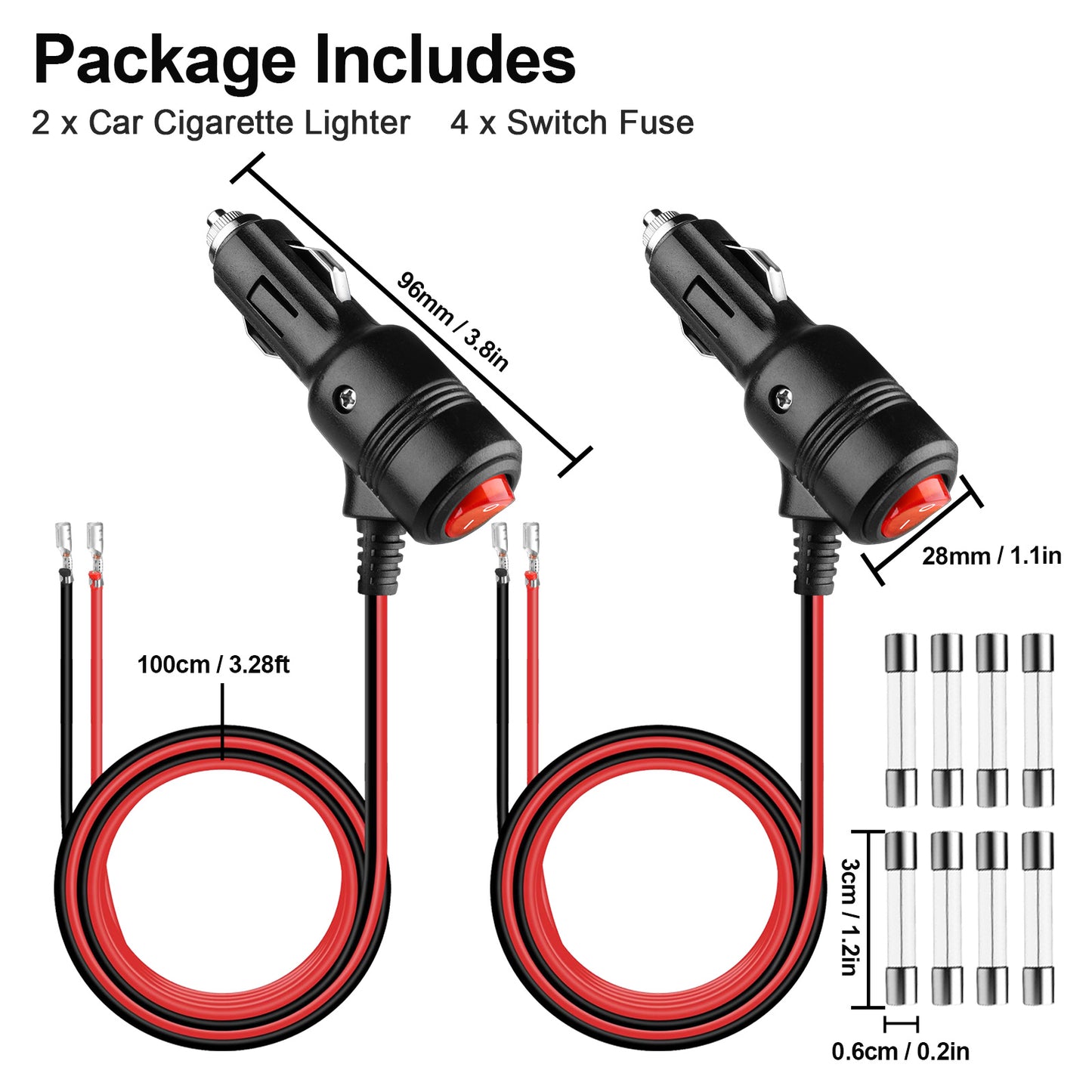 2 Pcs 12V Cigarette Lighter Plug With On/Off Switch - Terminal Harness Cable with Switch ON/OFF,12V Heavy Duty 16 AWG 15A Fuse Protection Power Cord for Power Inverter