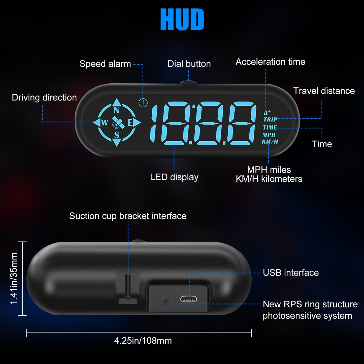 GPS Speedometer HUD - 7 Color Digital Speed Meter with Head-Up Display for All Vehicles, USB Plug & Play