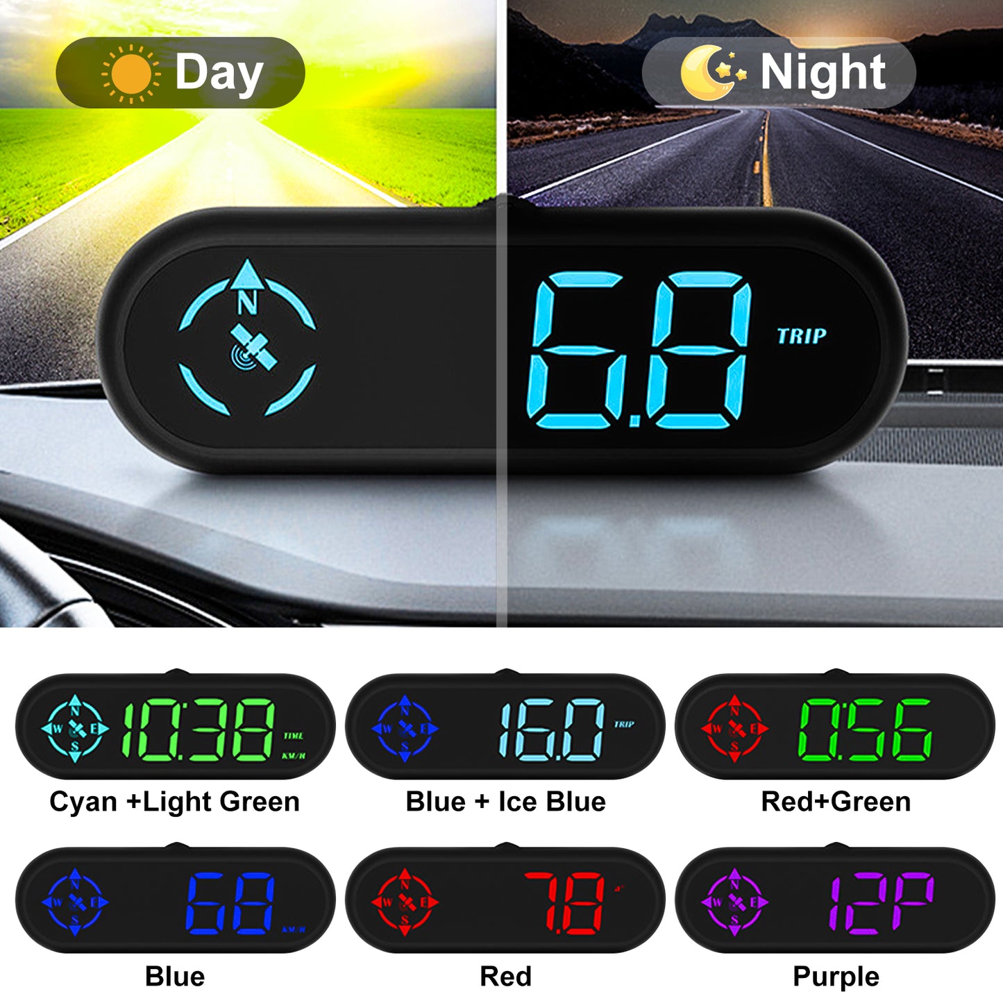 GPS Speedometer HUD - 7 Color Digital Speed Meter with Head-Up Display for All Vehicles, USB Plug & Play