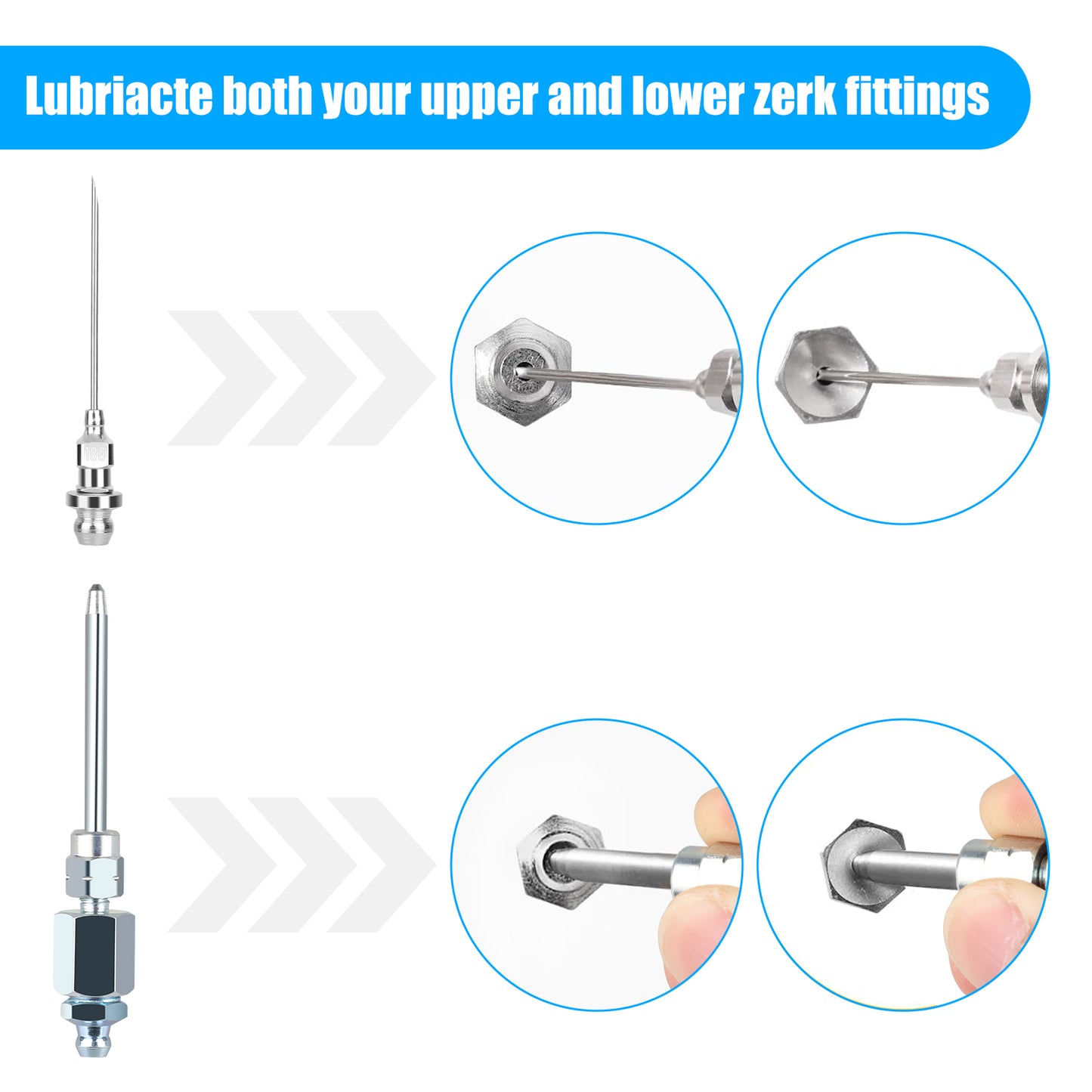 3 Pcs Grease Gun Accessory Kit - 90° Needle Fitting Nozzle with Adapter & Injector Needle,Corrosion-Resistant for Industrial & Automotive Use or Hard-to-Reach Fittings