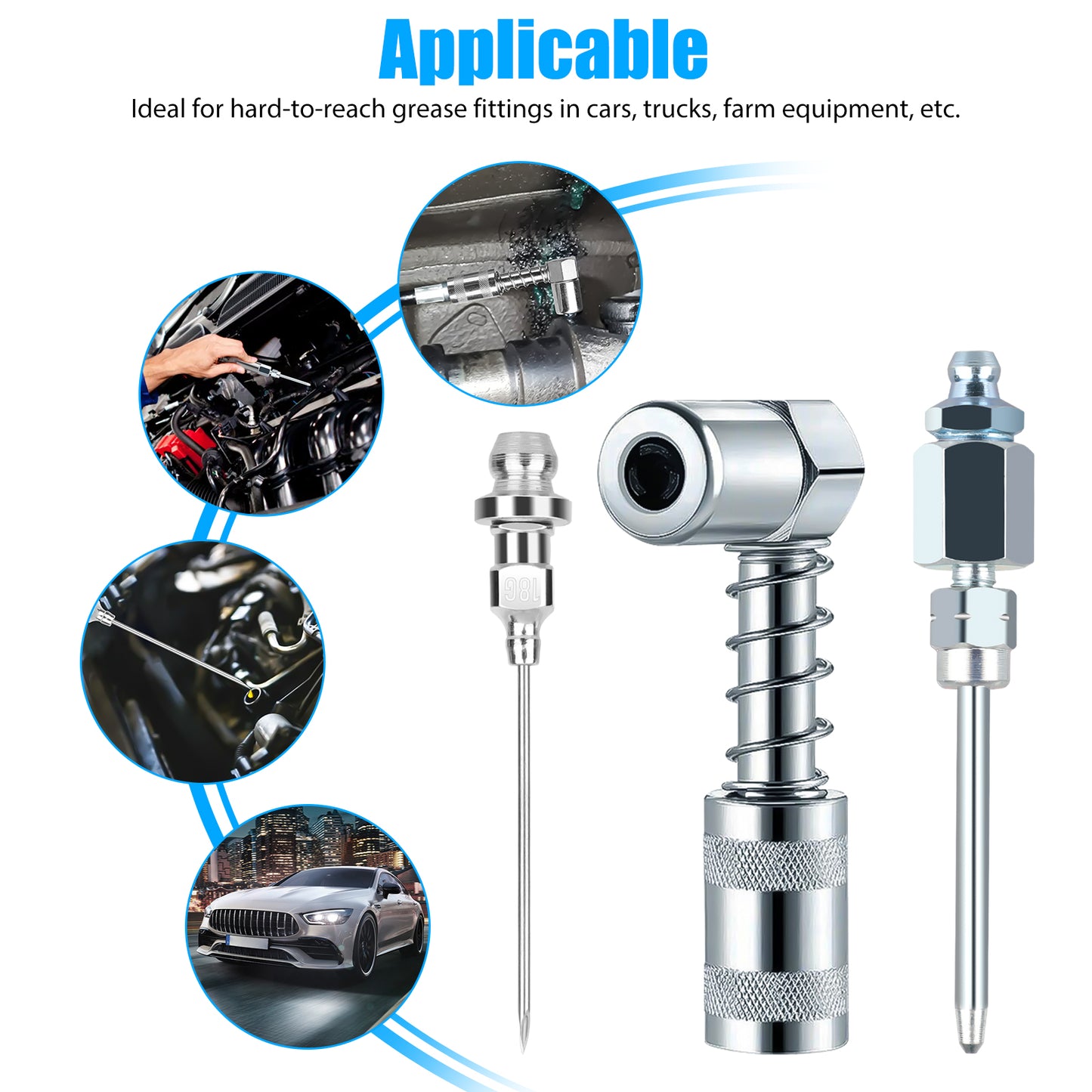 3 Pcs Grease Gun Accessory Kit - 90° Needle Fitting Nozzle with Adapter & Injector Needle,Corrosion-Resistant for Industrial & Automotive Use or Hard-to-Reach Fittings