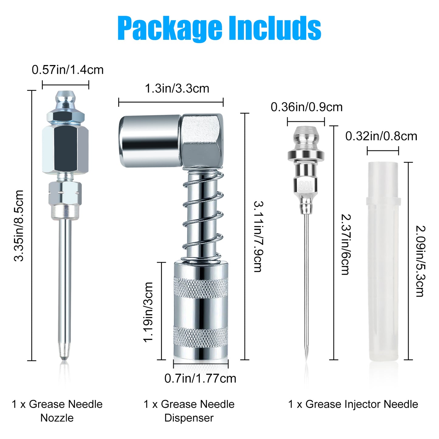 3 Pcs Grease Gun Accessory Kit - 90° Needle Fitting Nozzle with Adapter & Injector Needle,Corrosion-Resistant for Industrial & Automotive Use or Hard-to-Reach Fittings