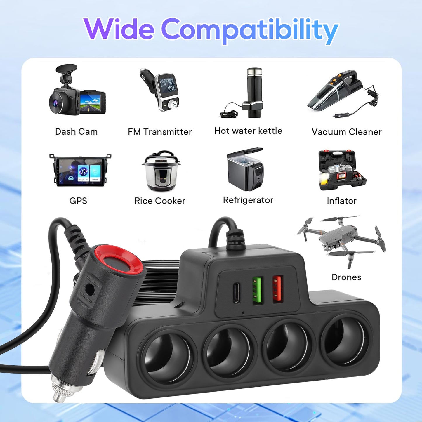 7-in-1 120W High Power Fast Charging Car Charger Adapter with 4-Way Splitter and Triple USB Ports for 12V/24V Vehicles (Black)