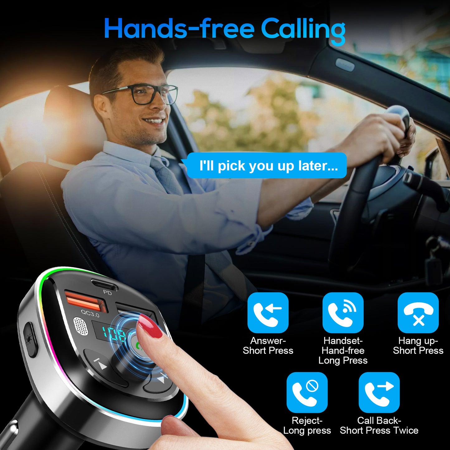 30W Fast Charging Bluetooth 5.3 FM Transmitter Car Adapter - with Dual Mics, 7 Color LED & U Disk, USB AUX Radio Hands-Free Calling & Music Playback