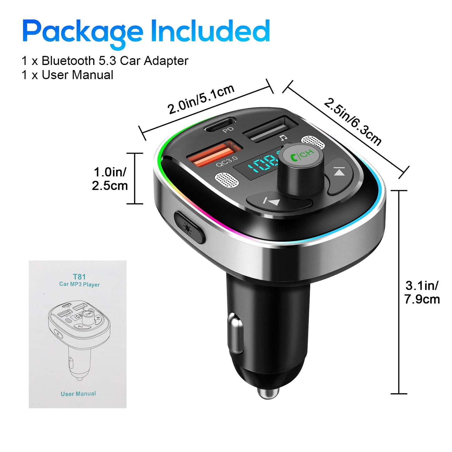 30W Fast Charging Bluetooth 5.3 FM Transmitter Car Adapter - with Dual Mics, 7 Color LED & U Disk, USB AUX Radio Hands-Free Calling & Music Playback
