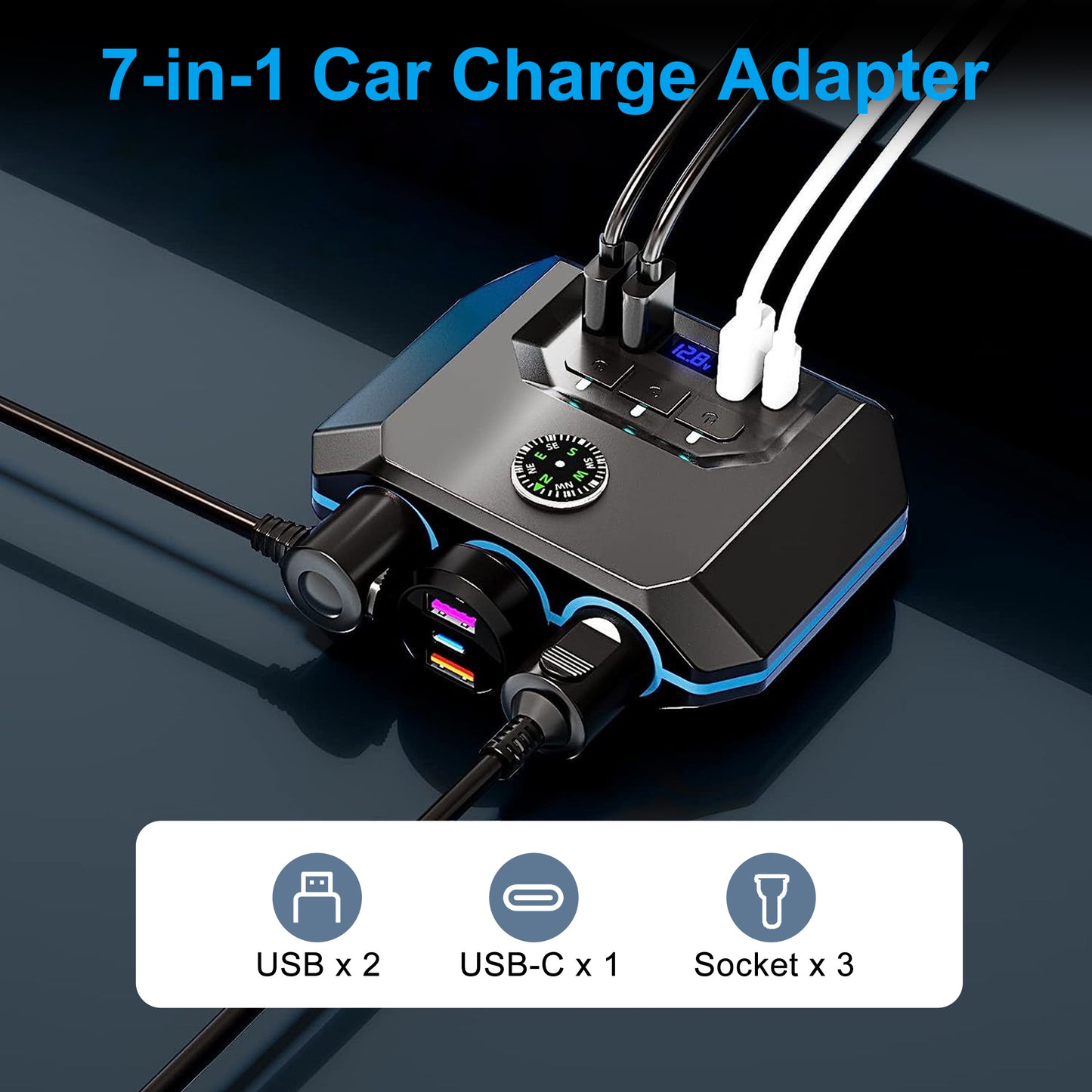 7-in-1 Car Charger Power Adapter - 3 Way Cigarette Lighter Socket Splitter with 4 USB Ports including PD and QC, LED Voltage Display for 12V/24V Vehicles