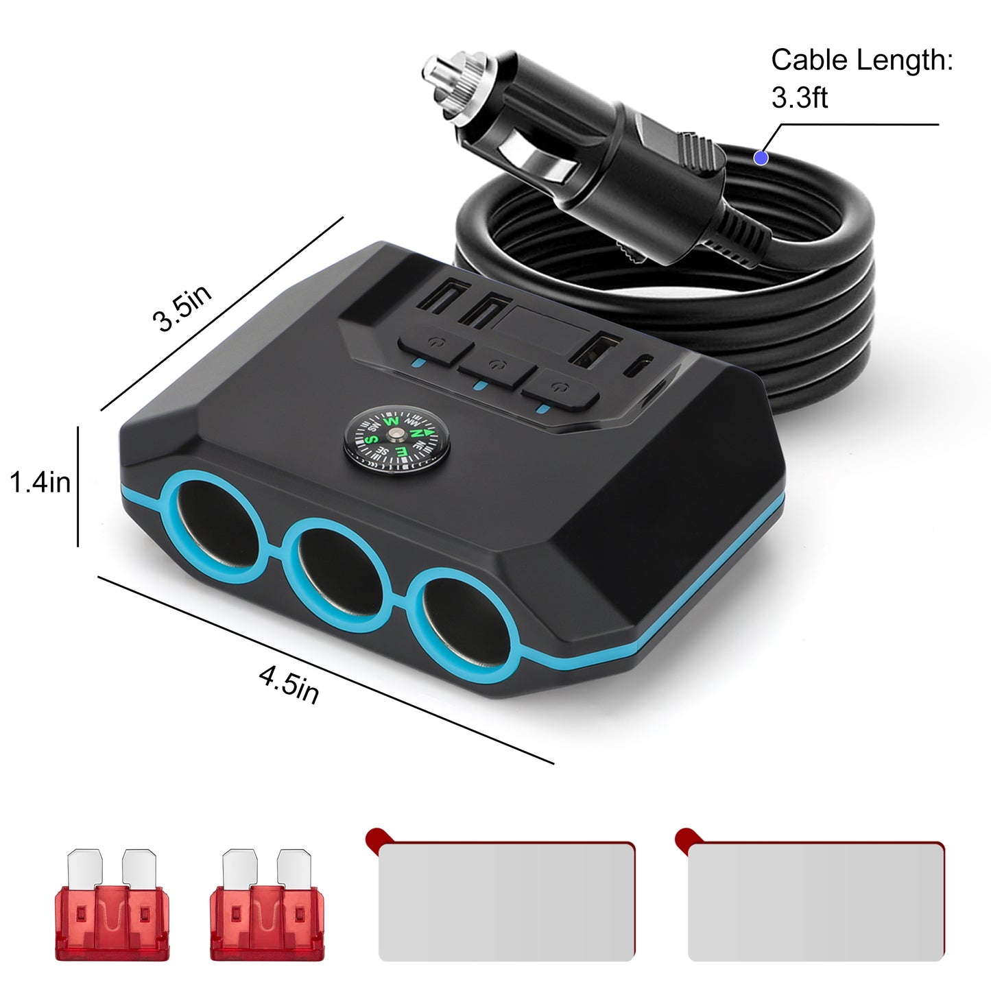 7-in-1 Car Charger Power Adapter - 3 Way Cigarette Lighter Socket Splitter with 4 USB Ports including PD and QC, LED Voltage Display for 12V/24V Vehicles