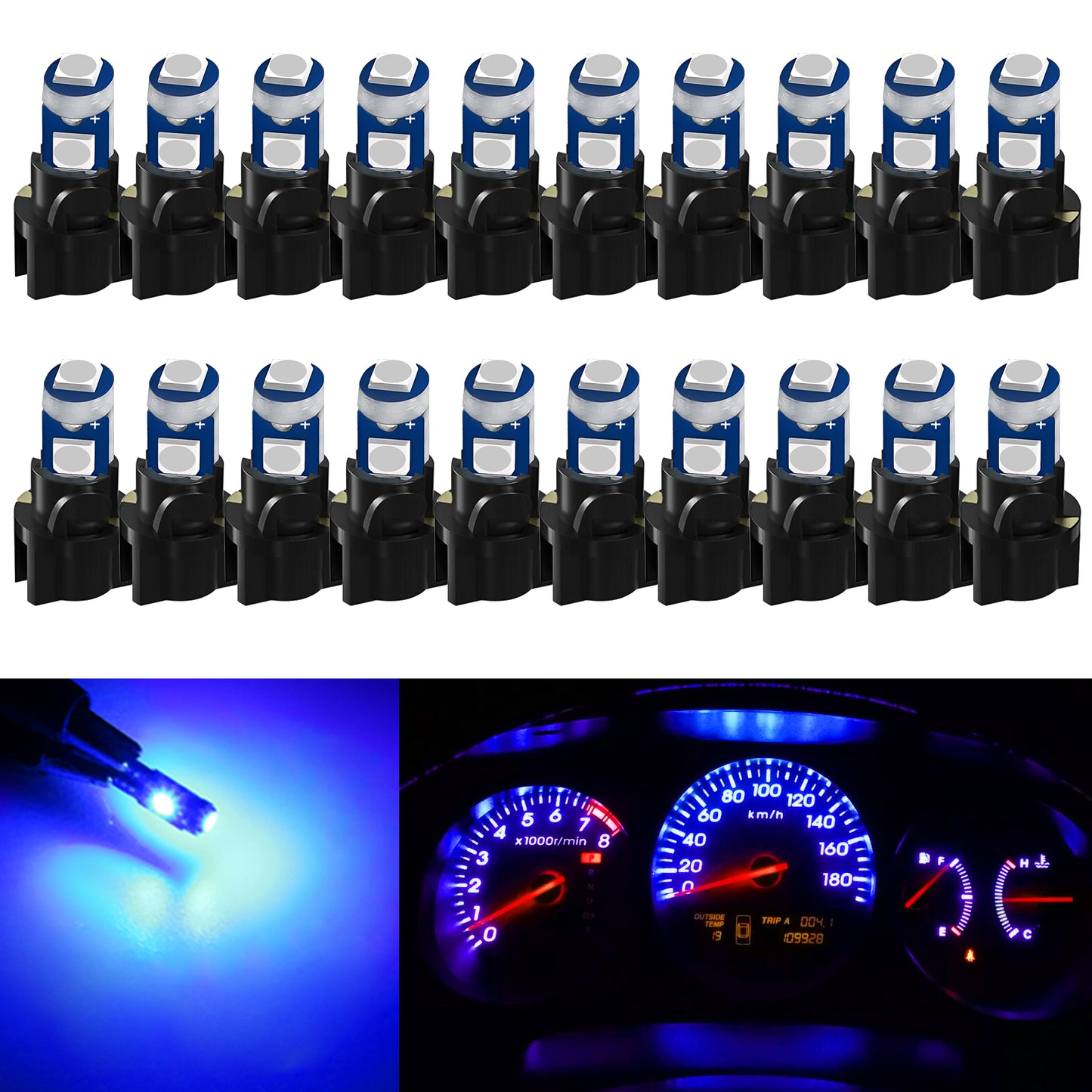 20Pcs T5 SMD-3030 LED Bulbs Dashboard Lights with Sockets Included - Ultra-Bright, Low Power Consumption, Easy Installation,For side markers,speedometer lights, instrument cluster, gauge bulbs etc (Blue)