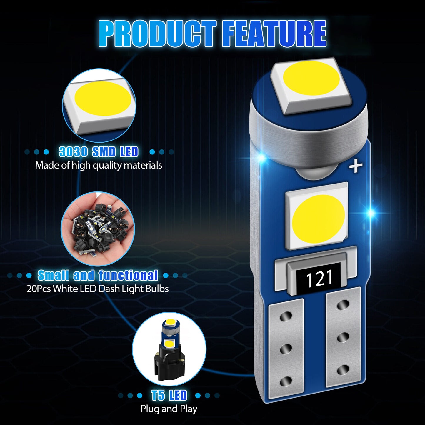 20Pcs T5 SMD-3030 LED Bulbs Dashboard Lights with Sockets Included - Ultra-Bright, Low Power Consumption, Easy Installation,For side markers,speedometer lights, instrument cluster, gauge bulbs etc (Blue)