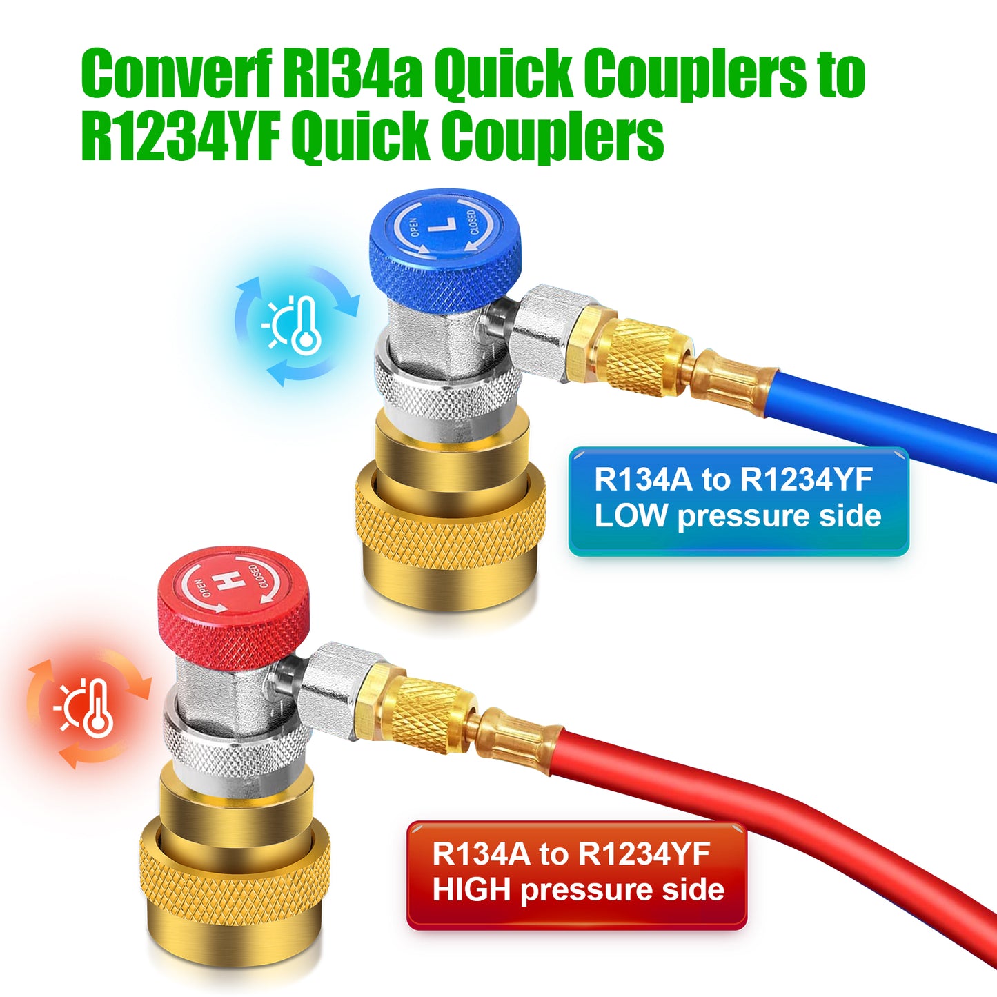 2Pcs R1234YF to R134A AC Charging Quick Coupler Adapter Kit - High/Low Voltage Conversion Connectors (Yellow)