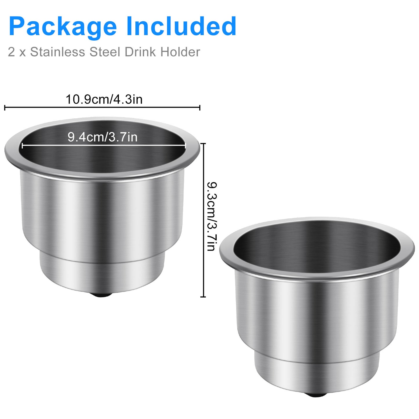 2pcs Stainless Steel Cup Drink Holder with Drain - 4" Height 4.3" Lip Diameter,for Table, Countertop, Boat, RV, Dashboard, Seatback