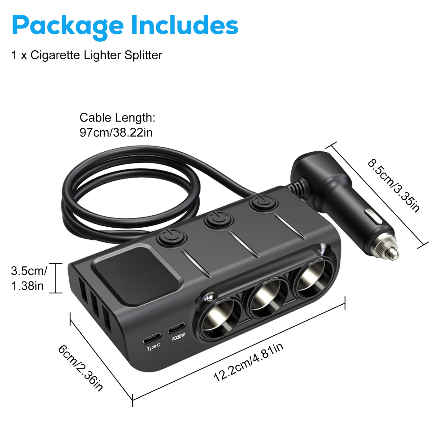 8 in 1 Cigarette Lighter Splitter - Type-C QC3.0 PD36W Dual USB Charging Ports,Car 12V/24V Plug Outlet with Independent Switches,LED Voltmeter,Compatible with iPhone, Samsung, GPS, Dash Cams, and More