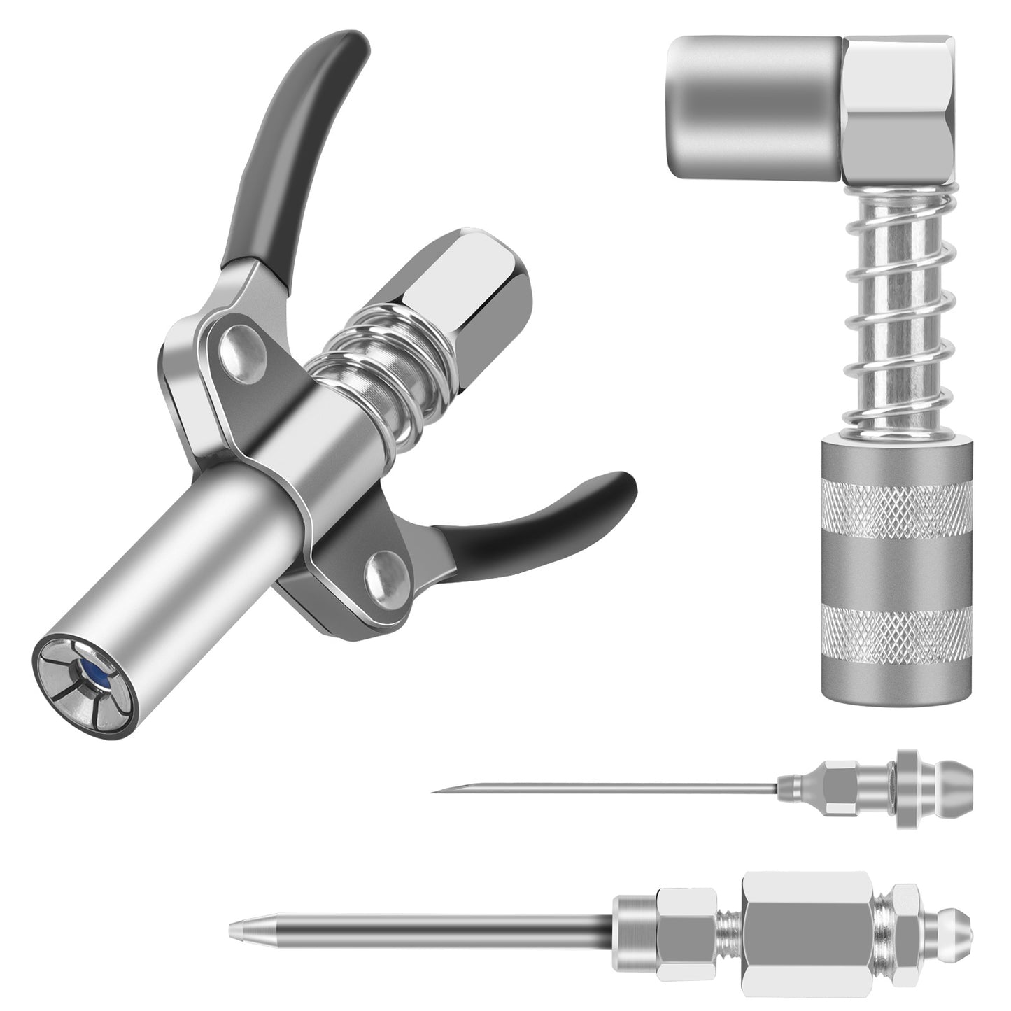 4pcs Grease Gun Fitting Kit - Include 90 Degree Grease Gun Coupler Adapter, Double Handles Grease Gun Coupler, Grease Needle, Needle Tip Dispenser Fit 1/8" NPT Grease Gun