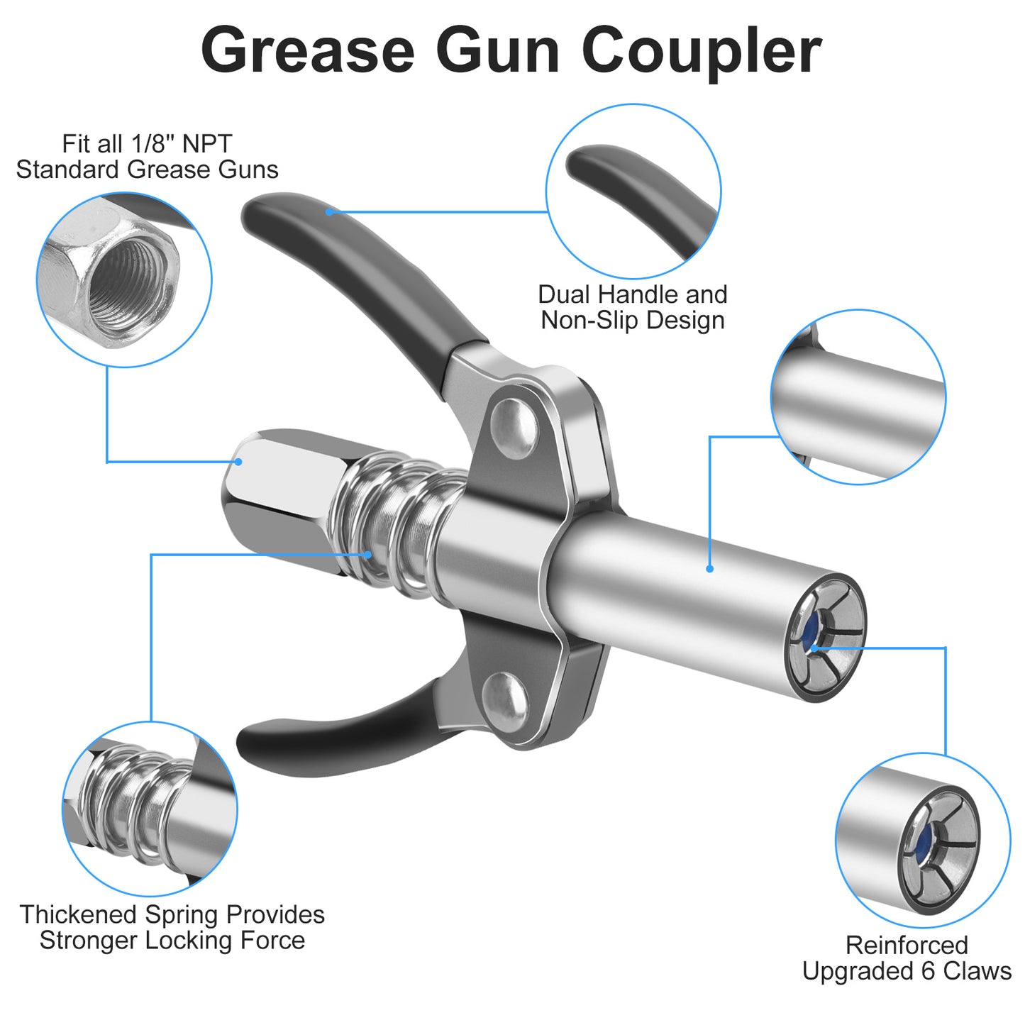 4pcs Grease Gun Fitting Kit - Include 90 Degree Grease Gun Coupler Adapter, Double Handles Grease Gun Coupler, Grease Needle, Needle Tip Dispenser Fit 1/8" NPT Grease Gun