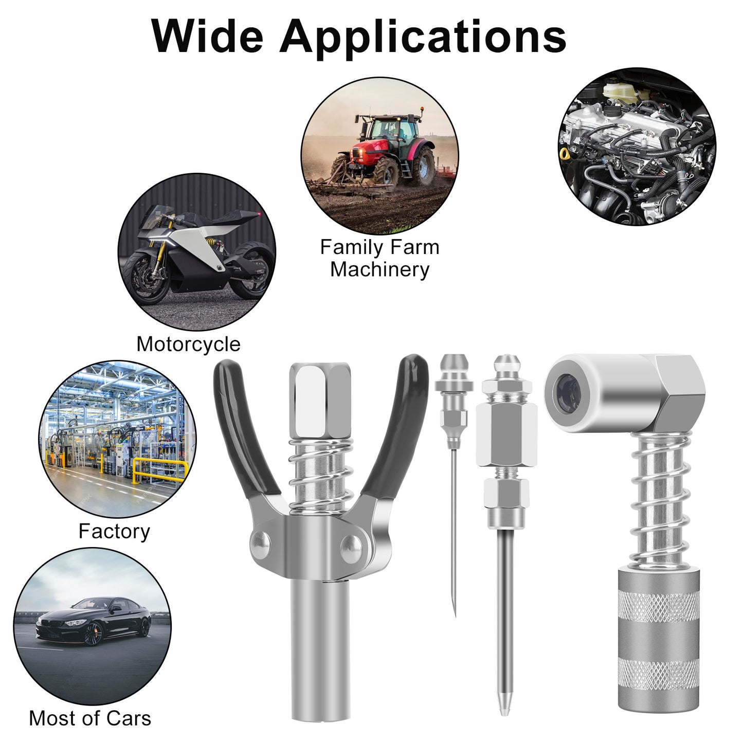 4pcs Grease Gun Fitting Kit - Include 90 Degree Grease Gun Coupler Adapter, Double Handles Grease Gun Coupler, Grease Needle, Needle Tip Dispenser Fit 1/8" NPT Grease Gun