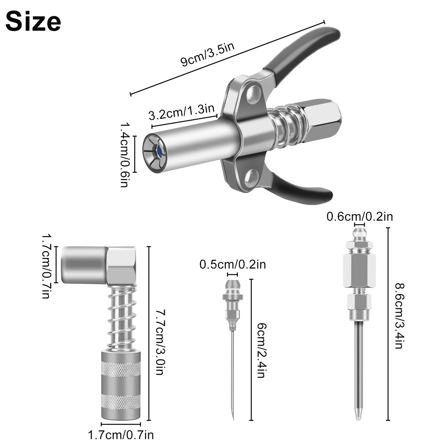 4pcs Grease Gun Fitting Kit - Include 90 Degree Grease Gun Coupler Adapter, Double Handles Grease Gun Coupler, Grease Needle, Needle Tip Dispenser Fit 1/8" NPT Grease Gun