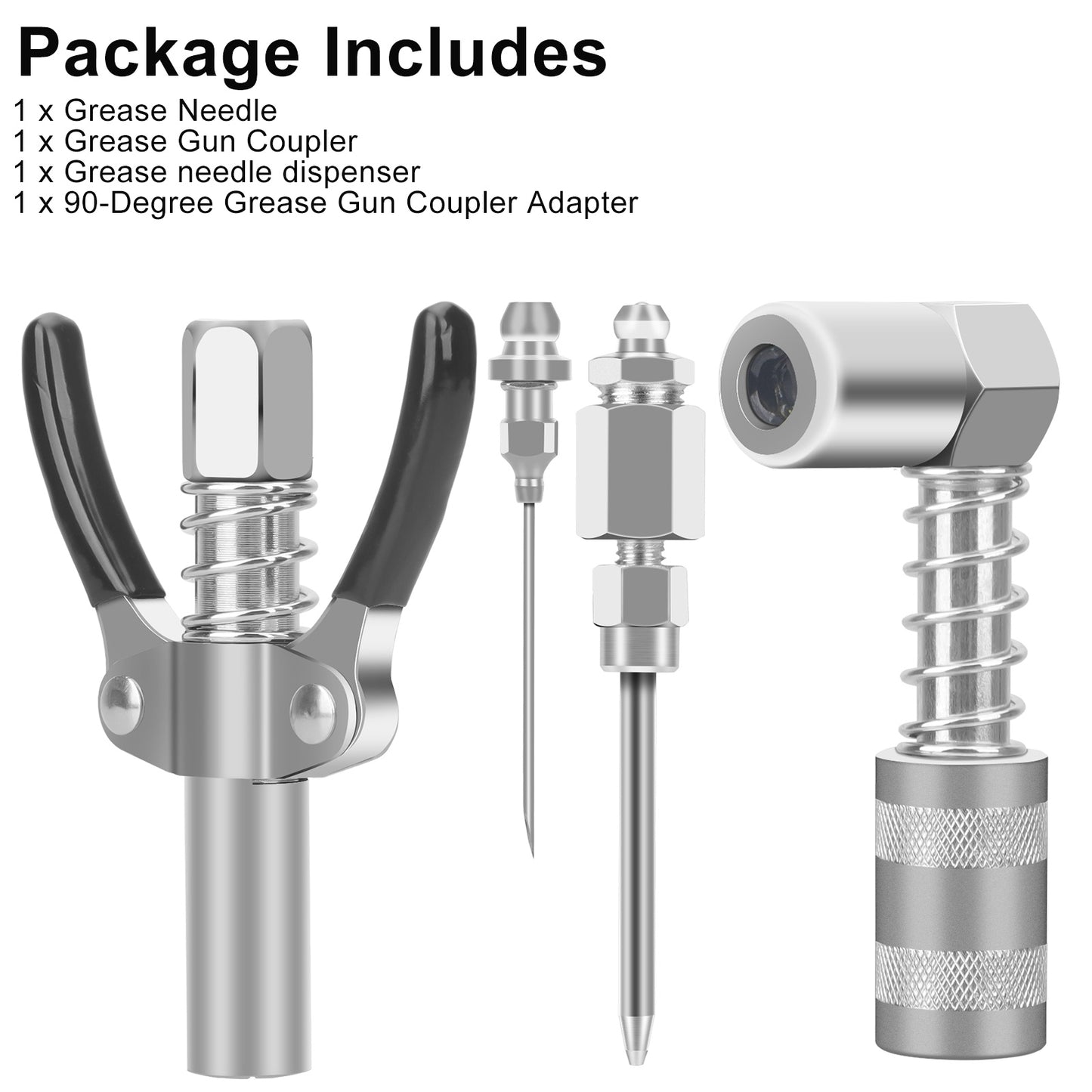 4pcs Grease Gun Fitting Kit - Include 90 Degree Grease Gun Coupler Adapter, Double Handles Grease Gun Coupler, Grease Needle, Needle Tip Dispenser Fit 1/8" NPT Grease Gun