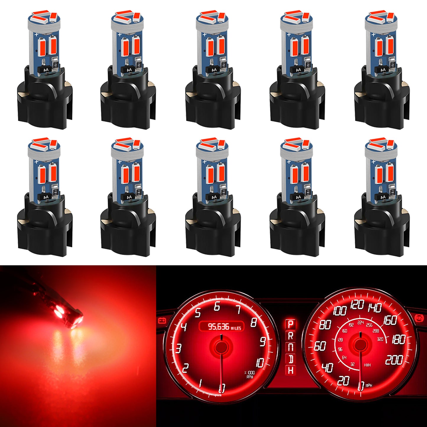 10pcs Car T5 LED Instrument Panel Light Bulbs - 7-SMD 4014 Chipset, High Brightness, Replacement for T5 17 18 27 37 58 70 73 74 79 85 86 2721 PC74 PC37 PC118,Includes Sockets(Red)