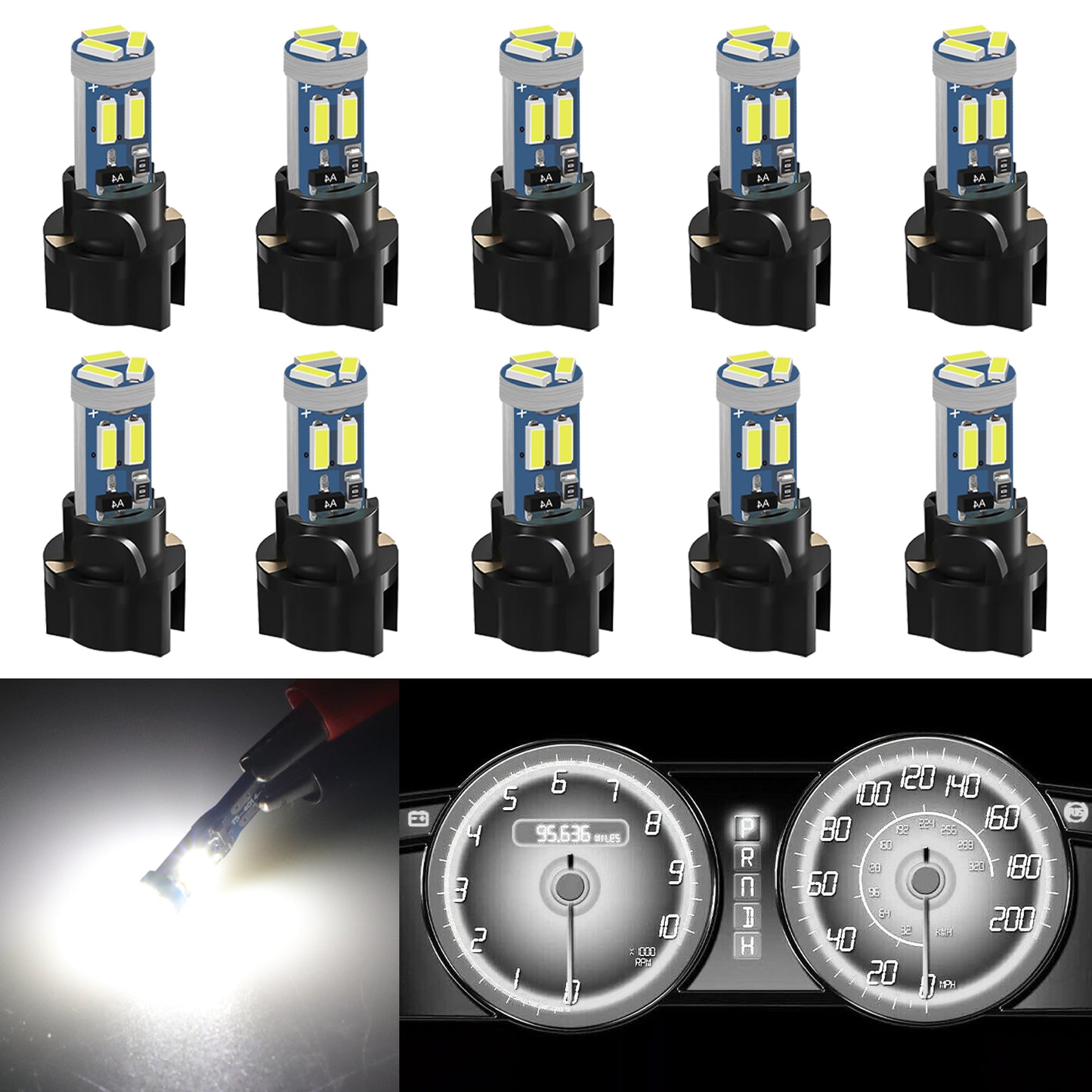 10pcs Car T5 LED Instrument Panel Light Bulbs - 7-SMD 4014 Chipset, High Brightness, Replacement for T5 17 18 27 37 58 70 73 74 79 85 86 2721 PC74 PC37 PC118,Includes Sockets(White)