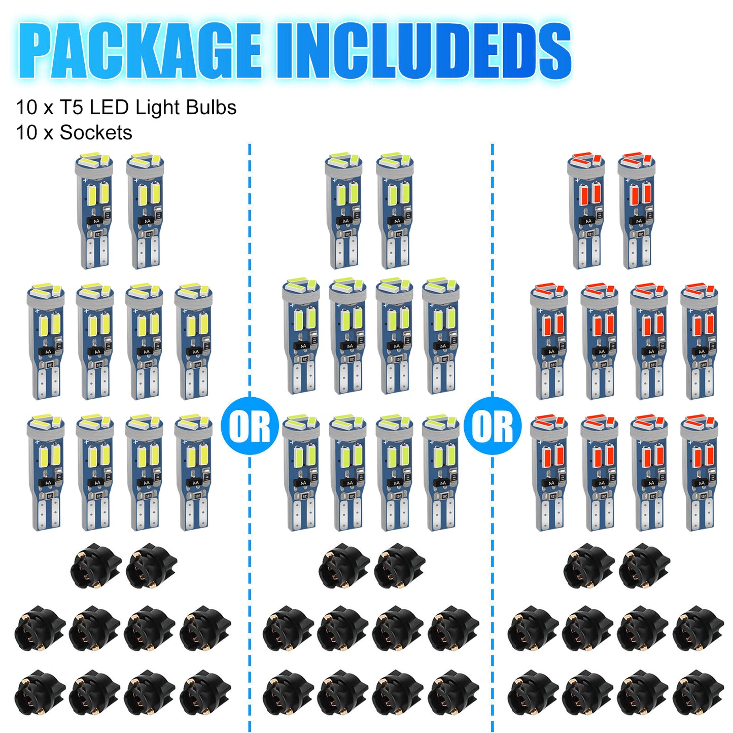 10pcs Car T5 LED Instrument Panel Light Bulbs - 7-SMD 4014 Chipset, High Brightness, Replacement for T5 17 18 27 37 58 70 73 74 79 85 86 2721 PC74 PC37 PC118,Includes Sockets(Ice Blue)