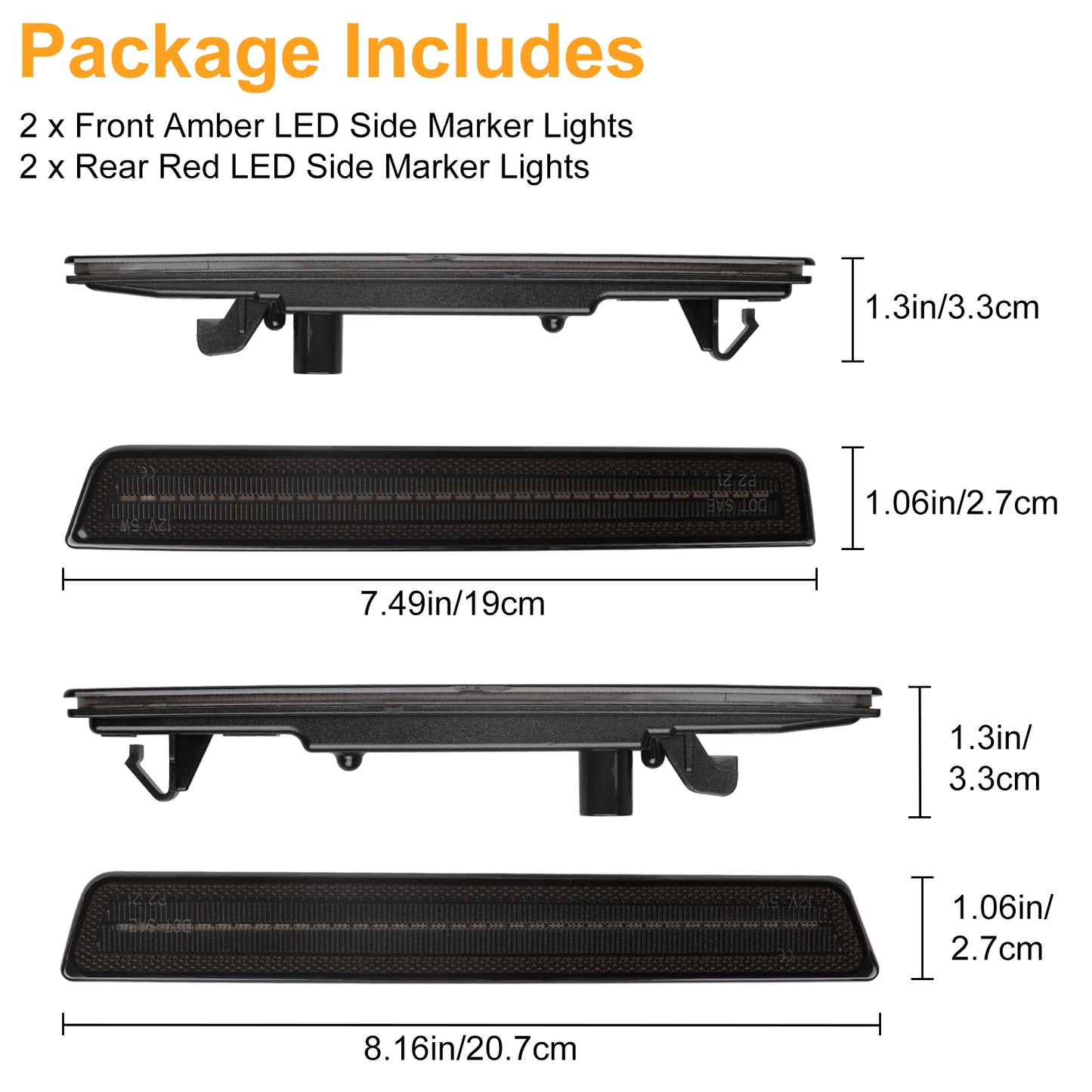 LED Front & Rear Side Marker Lights for 2015-2023 Dodge Challenger - Smoked Lens, Ultra-Bright Amber & Red LEDs,Replace Part Front: 68195788AB, 68195789AB; Rear: 68195796AB, 68195797AB