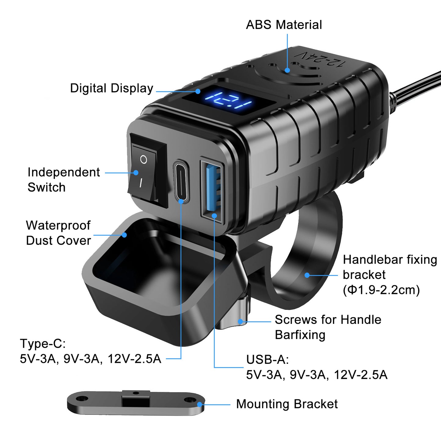Motorcycle Dual USB Charger Adapter - Dual USB Type C PD & Quick Charge 3.0 Motorcycle USB Charger with Voltmeter & ON/Off Switch, Fast Charger for DC12V-24V vehicles (blue)