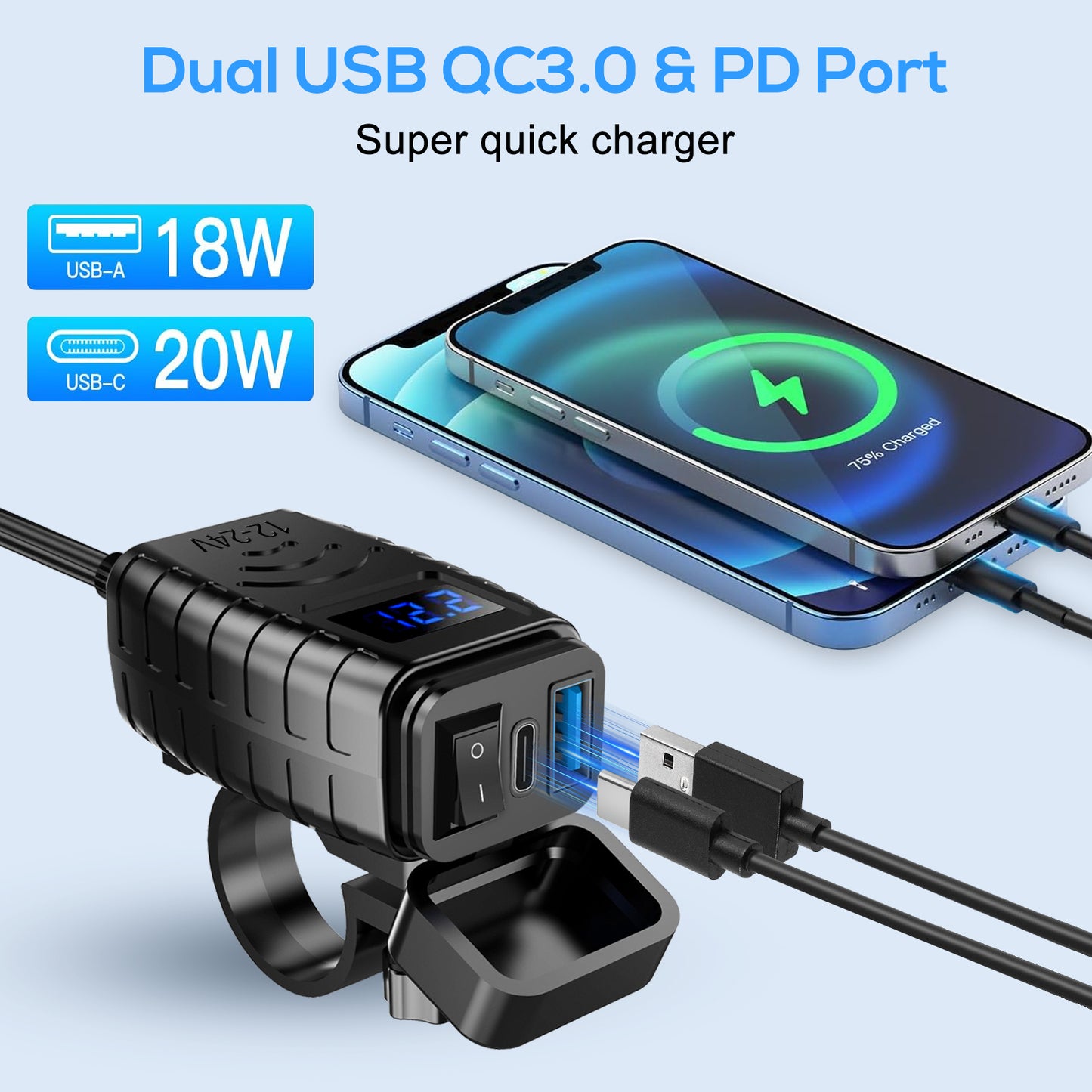 Motorcycle Dual USB Charger Adapter - Dual USB Type C PD & Quick Charge 3.0 Motorcycle USB Charger with Voltmeter & ON/Off Switch, Fast Charger for DC12V-24V vehicles (blue)