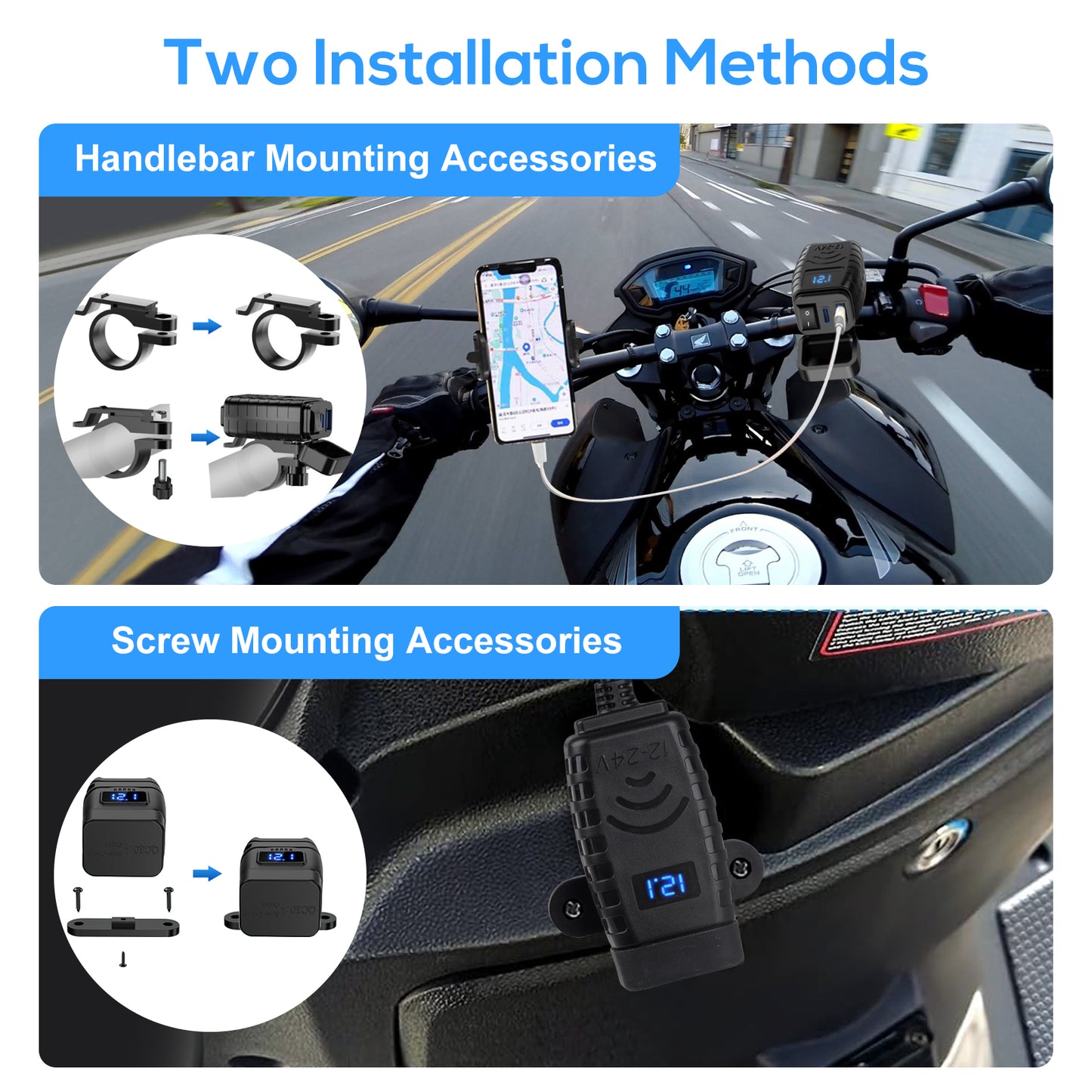 Motorcycle Dual USB Charger Adapter - Dual USB Type C PD & Quick Charge 3.0 Motorcycle USB Charger with Voltmeter & ON/Off Switch, Fast Charger for DC12V-24V vehicles (blue)
