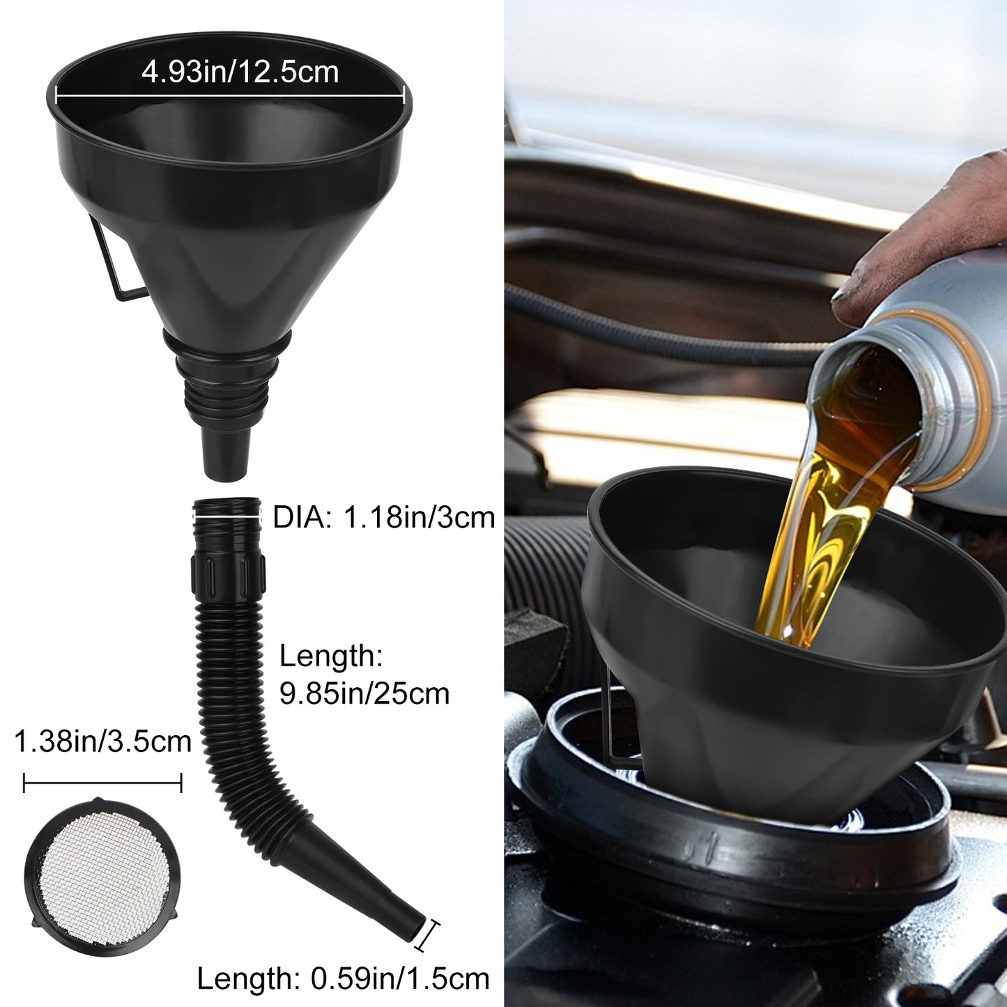 10 Pcs Automotive Funnels Set - Plastic Long Neck Oil Funnels, Snap Funnel, Flexible Right Angle Funnels, Wide Mouth Fuel Funnels for Filling Coolant, Gasoline