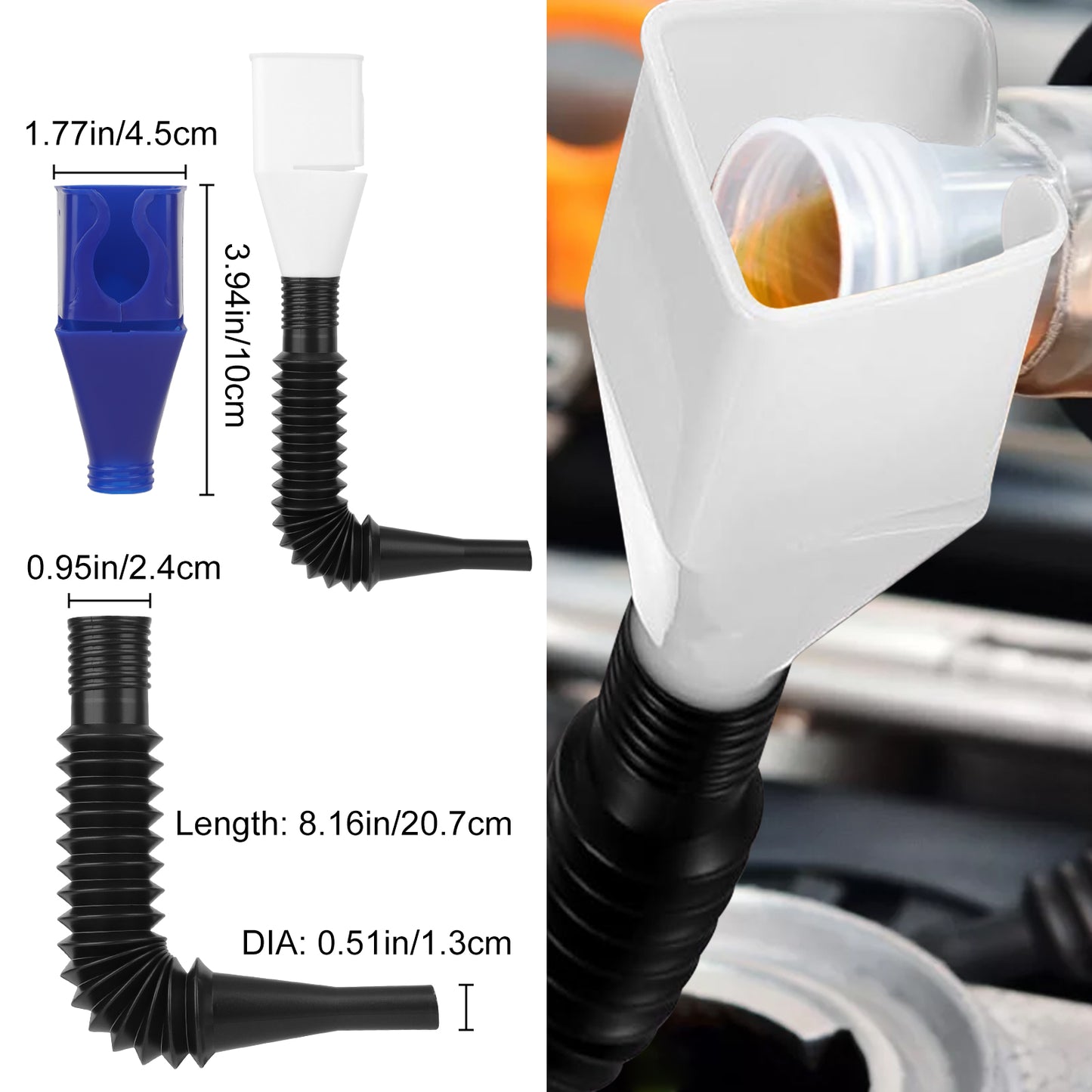 10 Pcs Automotive Funnels Set - Plastic Long Neck Oil Funnels, Snap Funnel, Flexible Right Angle Funnels, Wide Mouth Fuel Funnels for Filling Coolant, Gasoline