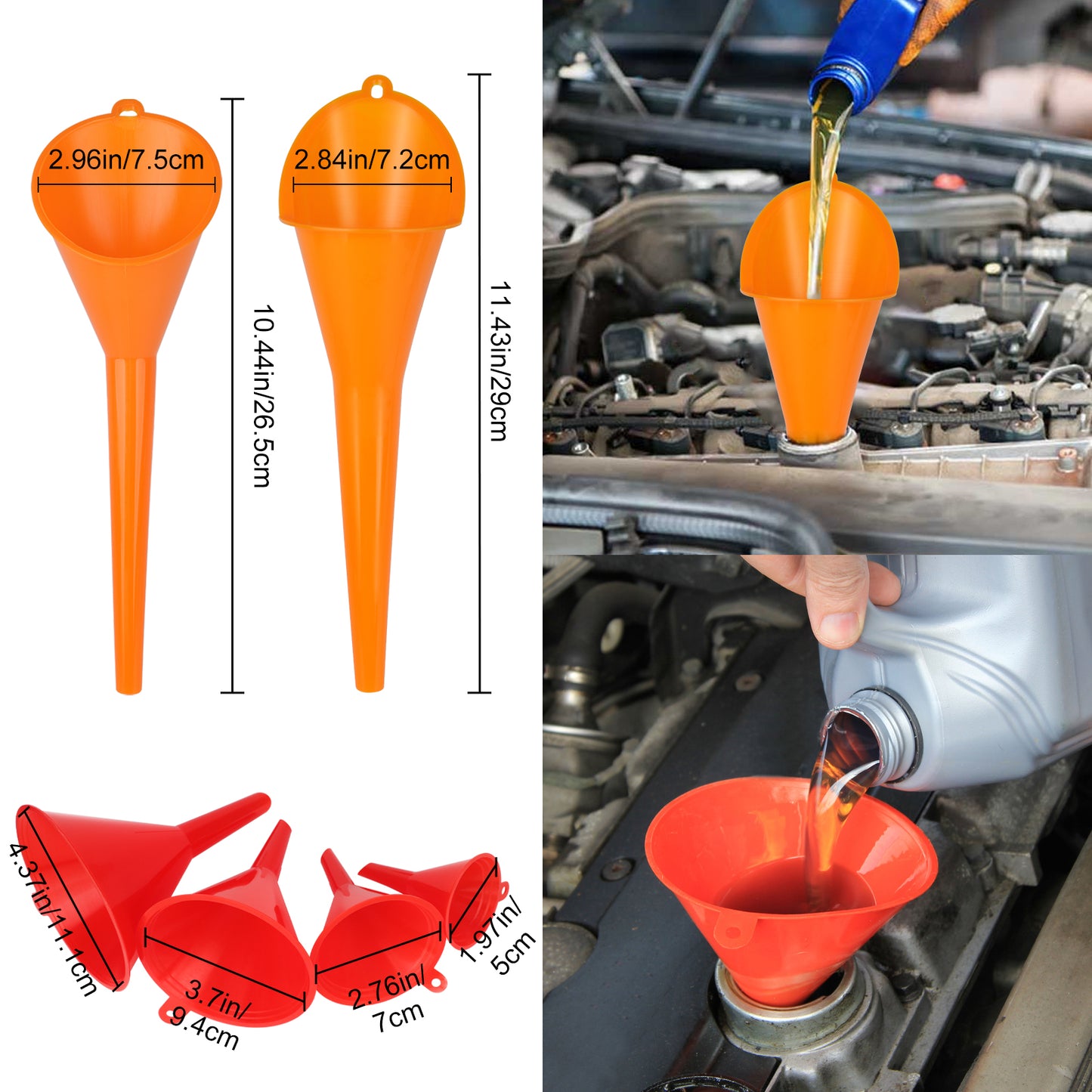 10 Pcs Automotive Funnels Set - Plastic Long Neck Oil Funnels, Snap Funnel, Flexible Right Angle Funnels, Wide Mouth Fuel Funnels for Filling Coolant, Gasoline