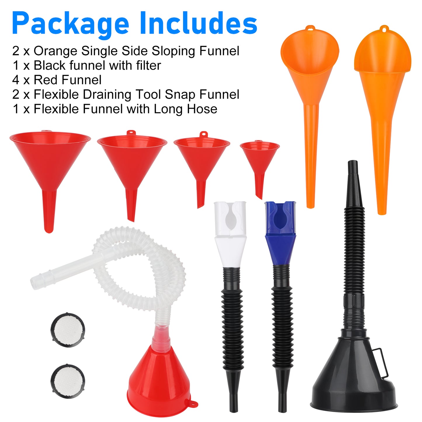 10 Pcs Automotive Funnels Set - Plastic Long Neck Oil Funnels, Snap Funnel, Flexible Right Angle Funnels, Wide Mouth Fuel Funnels for Filling Coolant, Gasoline
