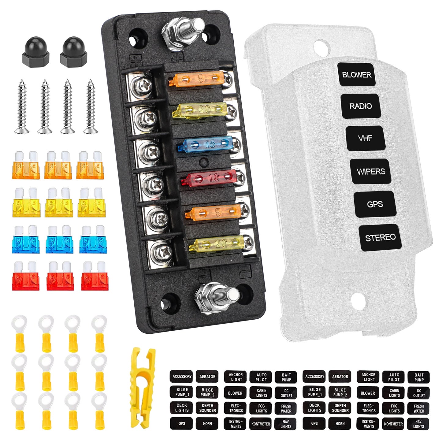 6-Way Blade Fuse Block - for Boat, RV,Car,Truck,Trailer, and SUV Auto Power Distribution with Protection Cover