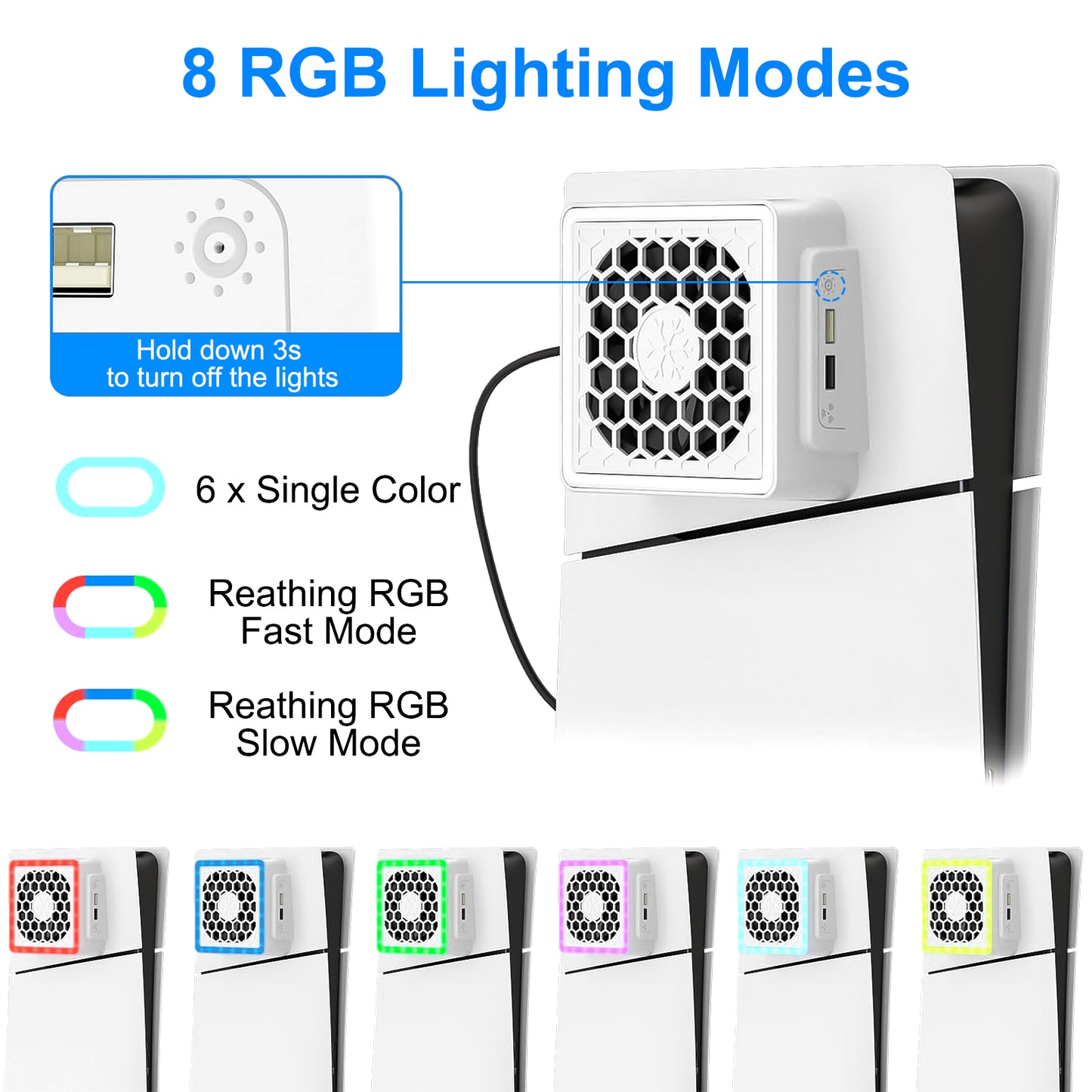 Cooling Fan fit for PS5 Slim Cooling System with RGB LED Lights and Plate Cover - Enhanced Cooler Fan with 3-Speed Adjust and Dual USB Ports for PS5 Slim Digital and Disc Edition (White)