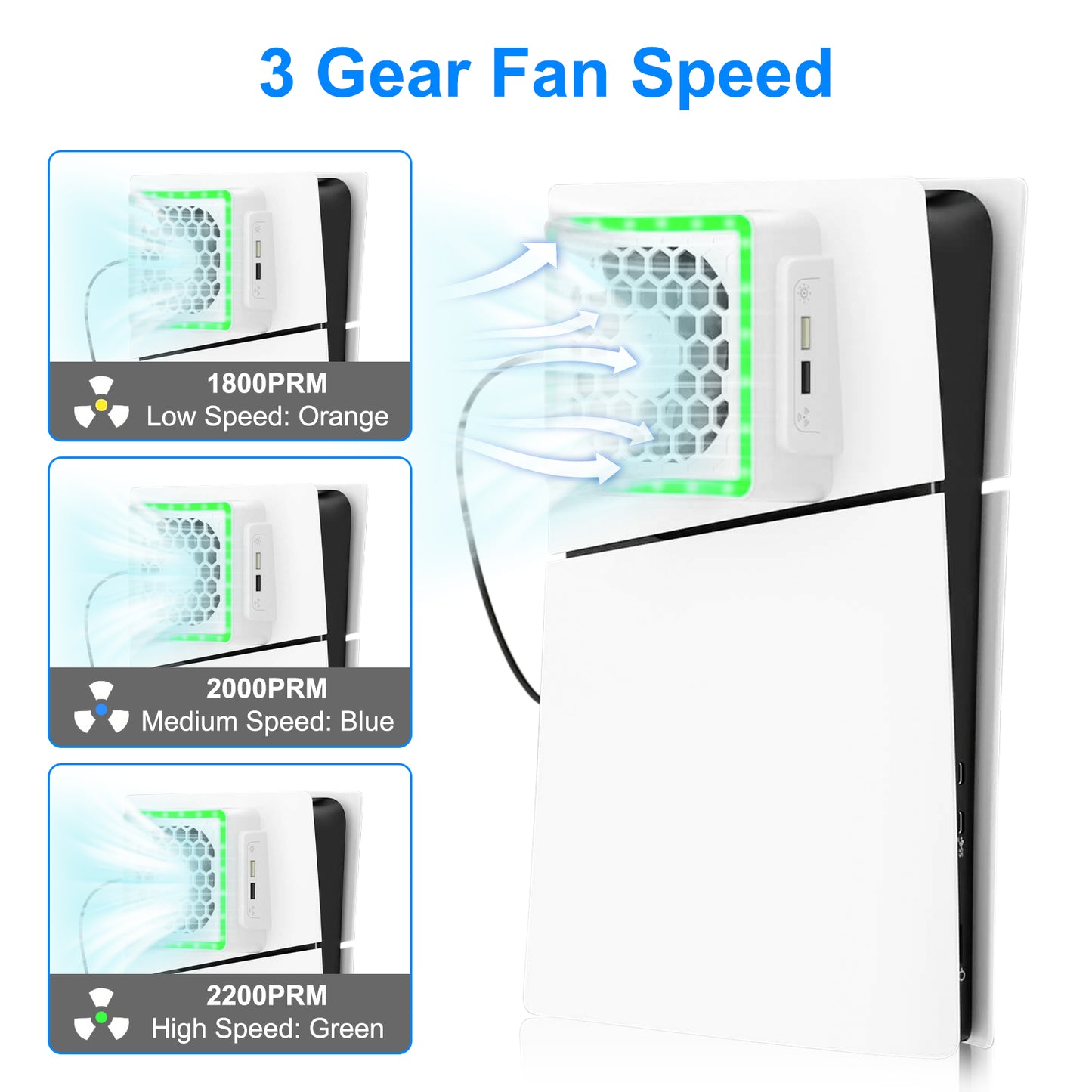 Cooling Fan fit for PS5 Slim Cooling System with RGB LED Lights and Plate Cover - Enhanced Cooler Fan with 3-Speed Adjust and Dual USB Ports for PS5 Slim Digital and Disc Edition (White)