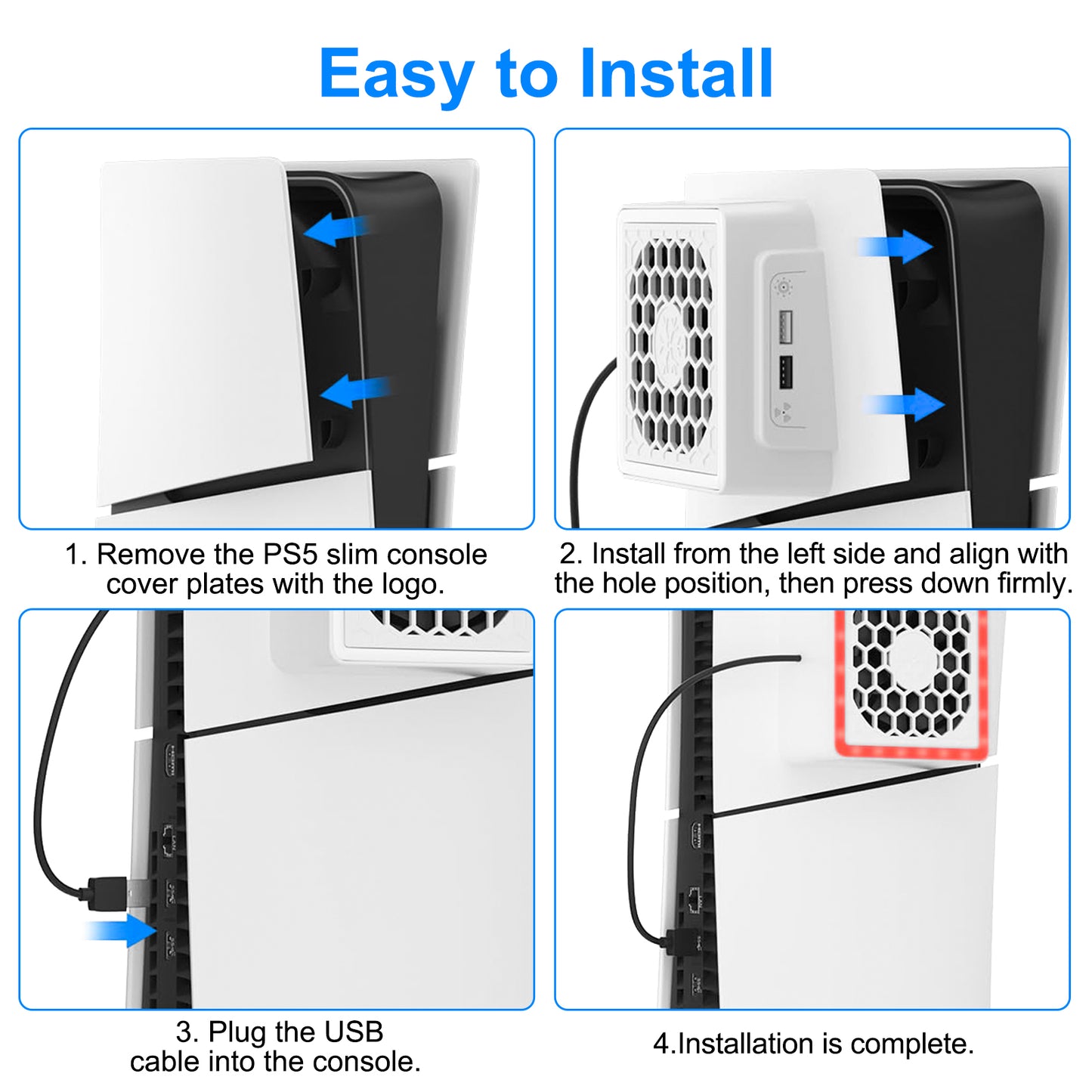 Cooling Fan fit for PS5 Slim Cooling System with RGB LED Lights and Plate Cover - Enhanced Cooler Fan with 3-Speed Adjust and Dual USB Ports for PS5 Slim Digital and Disc Edition (White)
