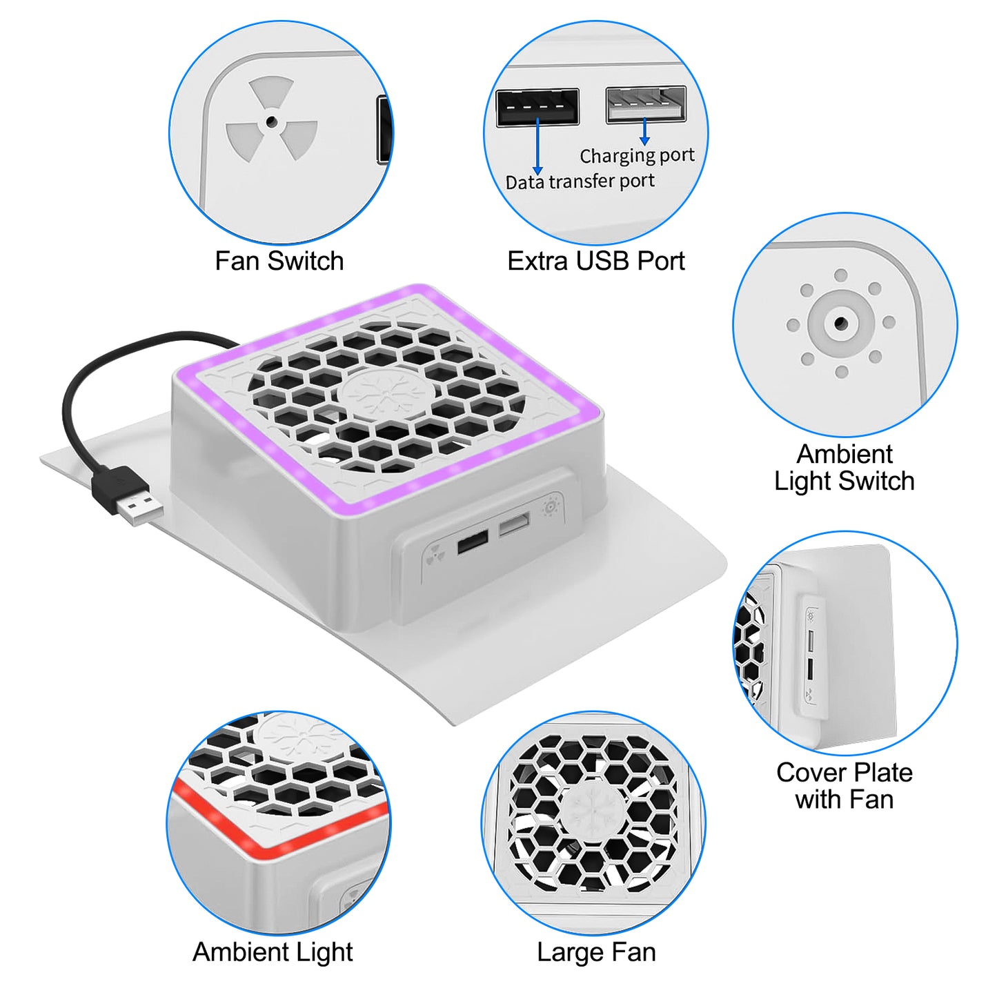 Cooling Fan fit for PS5 Slim Cooling System with RGB LED Lights and Plate Cover - Enhanced Cooler Fan with 3-Speed Adjust and Dual USB Ports for PS5 Slim Digital and Disc Edition (White)