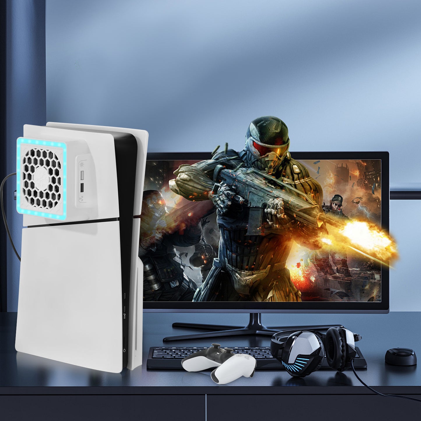 Cooling Fan fit for PS5 Slim Cooling System with RGB LED Lights and Plate Cover - Enhanced Cooler Fan with 3-Speed Adjust and Dual USB Ports for PS5 Slim Digital and Disc Edition (White)