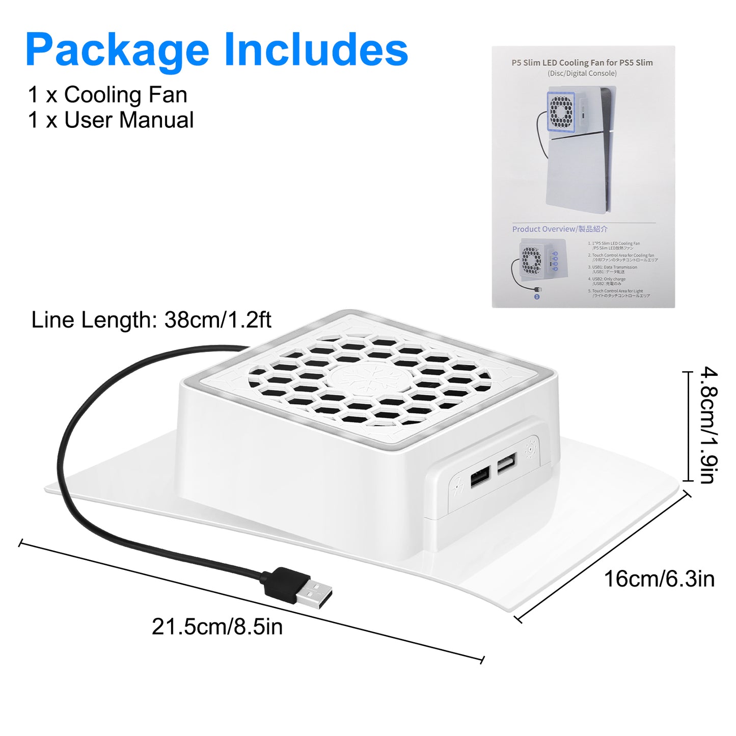 Cooling Fan fit for PS5 Slim Cooling System with RGB LED Lights and Plate Cover - Enhanced Cooler Fan with 3-Speed Adjust and Dual USB Ports for PS5 Slim Digital and Disc Edition (White)