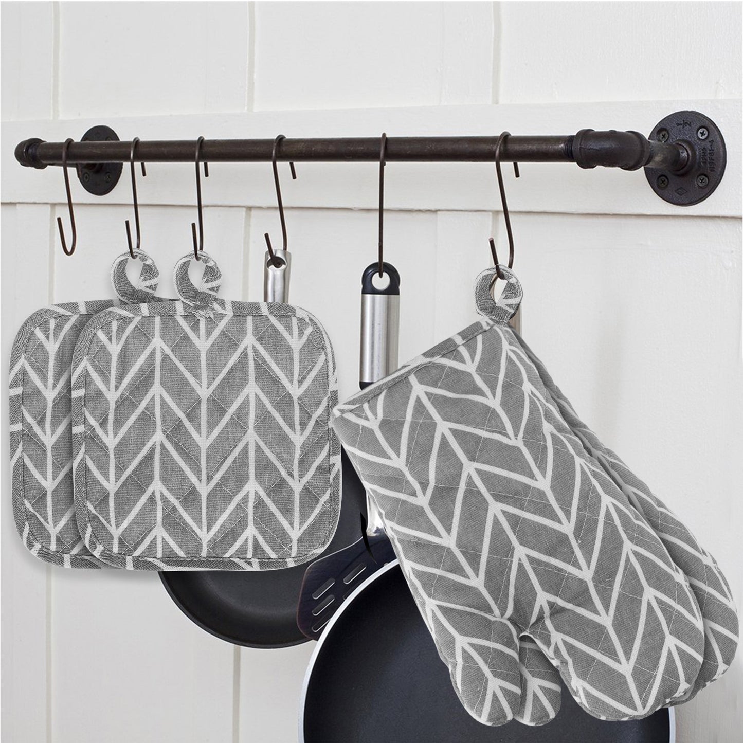 4Pcs Cotton Oven Mitts and Pot Holders - BBQ Gloves with Silicone Non-Slip Cooking Gloves for Cooking Baking Grilling (Gray)