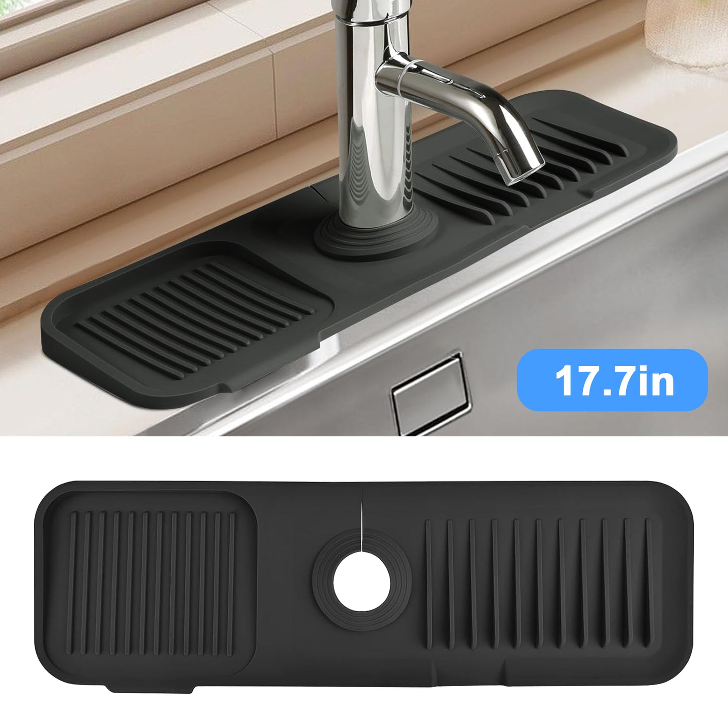 17.7 inches Silicone Faucet Mat - Splash Guard with Incline Slope, Ideal for Keeping Kitchen and Bathroom Sinks Dry and Organized (Black)