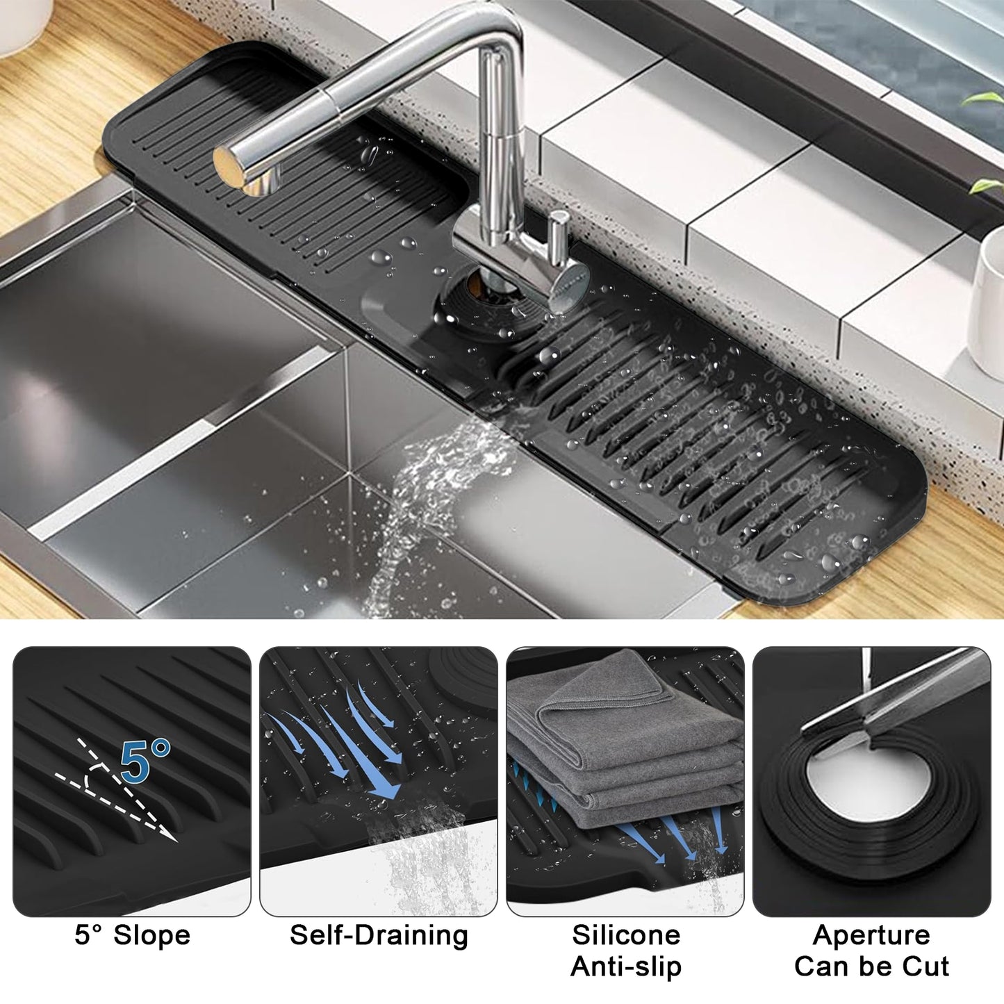 17.7 inches Silicone Faucet Mat - Splash Guard with Incline Slope, Ideal for Keeping Kitchen and Bathroom Sinks Dry and Organized (Black)