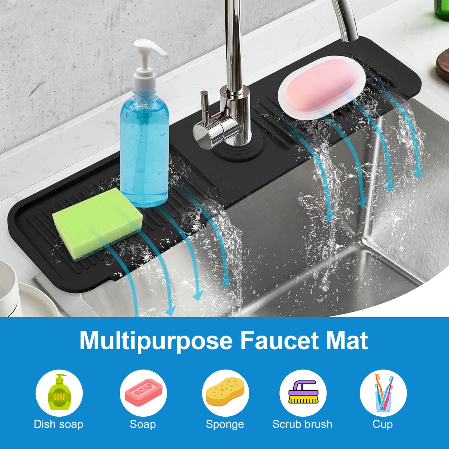 17.7 inches Silicone Faucet Mat - Splash Guard with Incline Slope, Ideal for Keeping Kitchen and Bathroom Sinks Dry and Organized (Black)