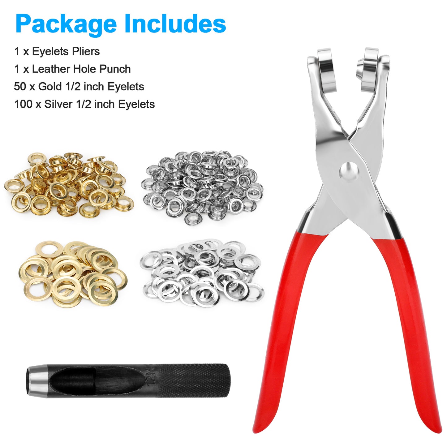 1/2 Inch Grommet Tool Kit - Leather Hole Punch Pliers ,150 Metal Eyelets in Gold and Silver for Leather, Shoes, Fabric, Belt , DIY Craft and Repairs
