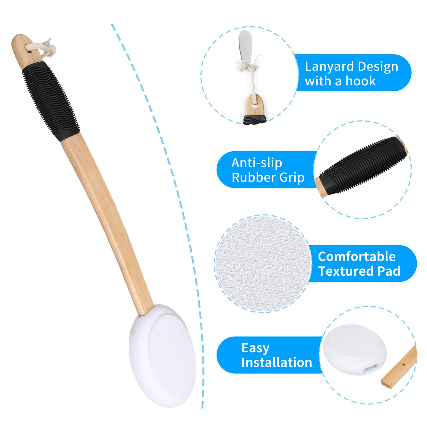 Long Handle Lotion Applicator - With 4 Replaceable Pads Perfect For Lotions, Sunscreens, Body Washes and More (White)