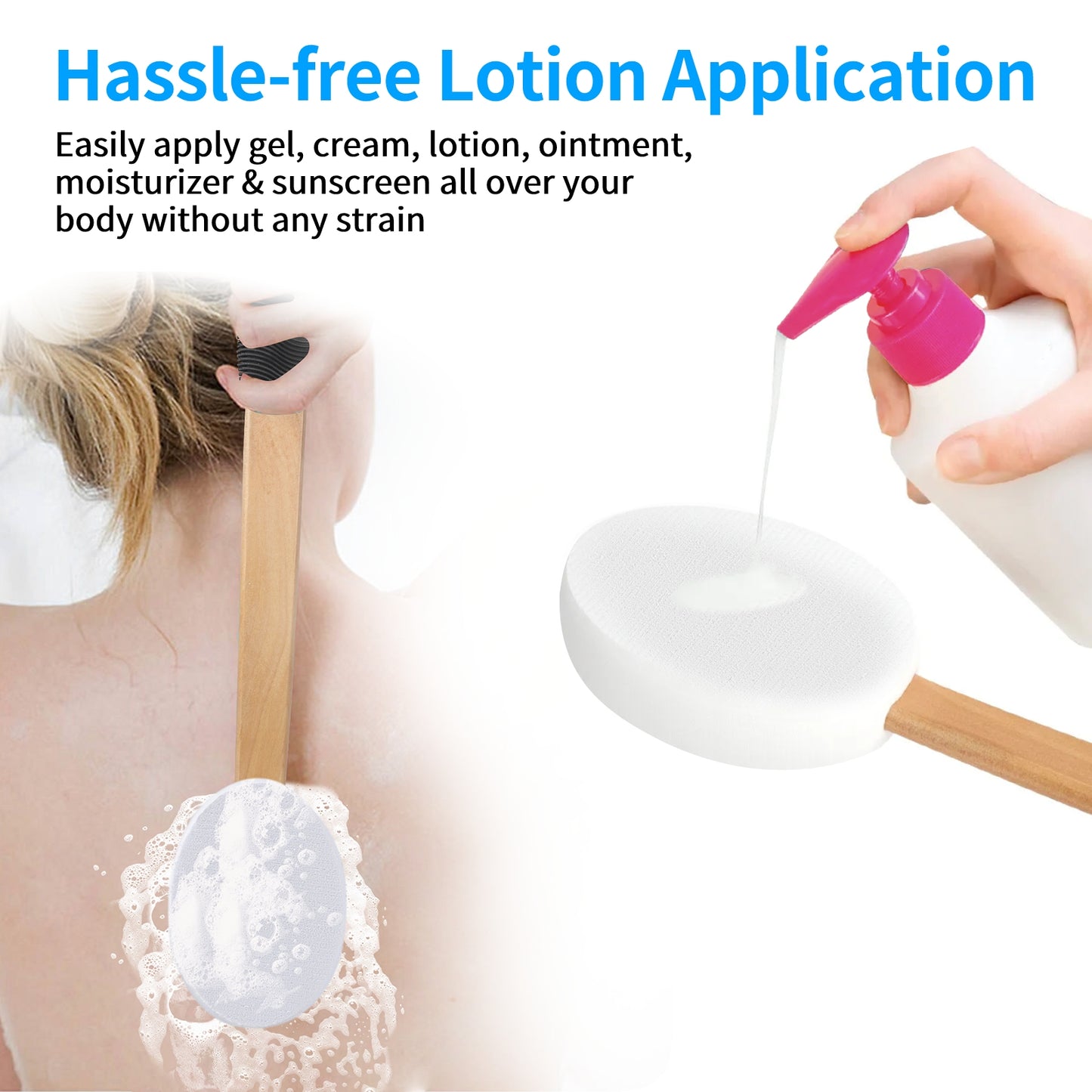 Long Handle Lotion Applicator - With 4 Replaceable Pads Perfect For Lotions, Sunscreens, Body Washes and More (White)