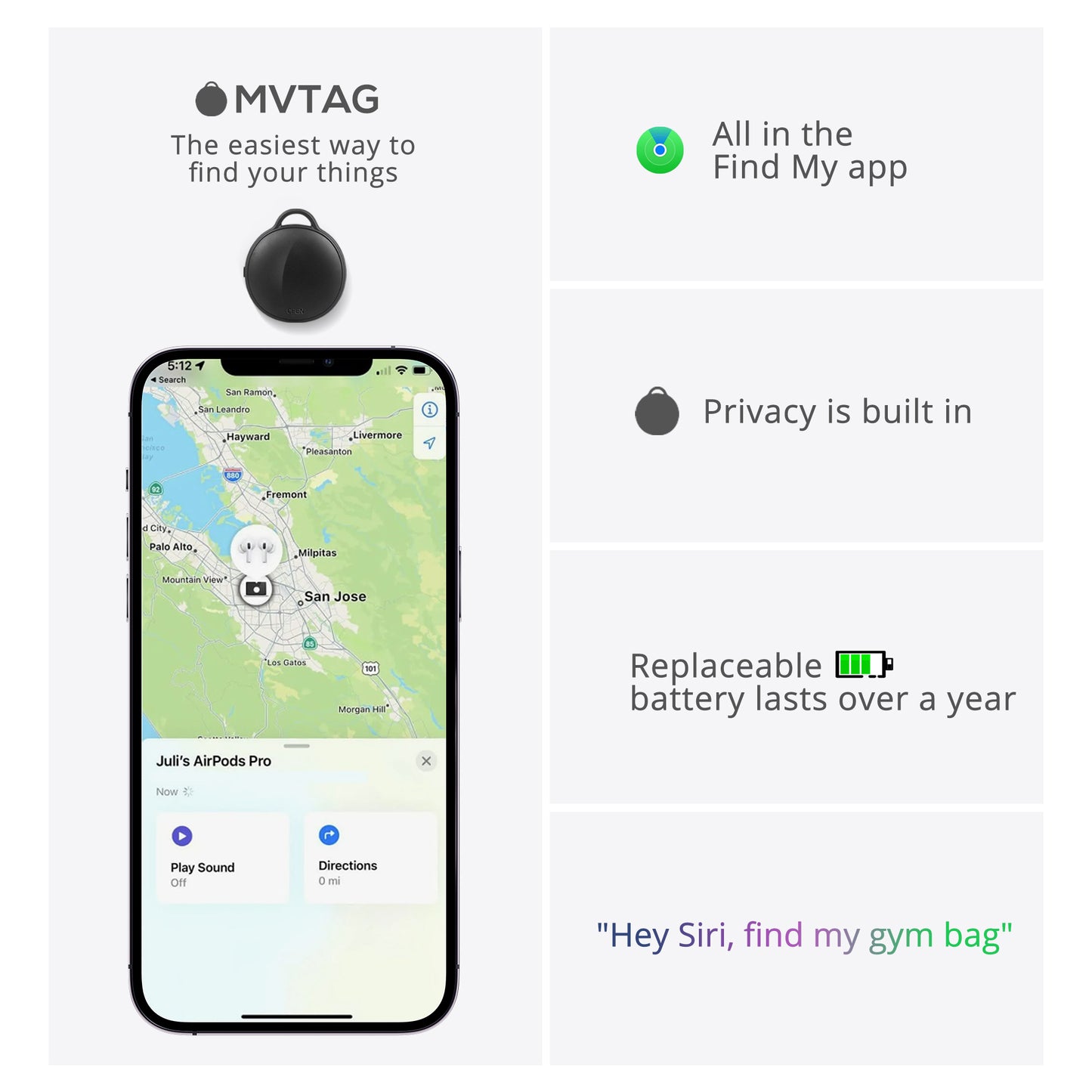 MVTAG Waterproof Bluetooth Tracker and Item Locator - Compatible with iOS Find My App - Replaceable Battery,Ideal for Keys, Bags, and Personal Items (Black)