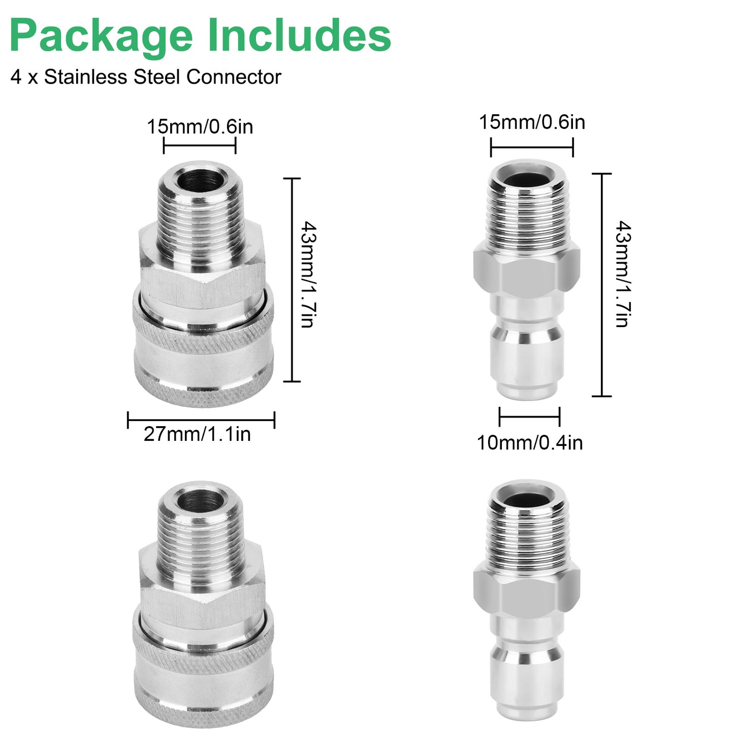 4 Pcs 3/8" NPT Stainless Steel Pressure Washer Quick Connect Set - High Pressure 6000 PSI Adapters for Ball switch Pressure Washer Parts